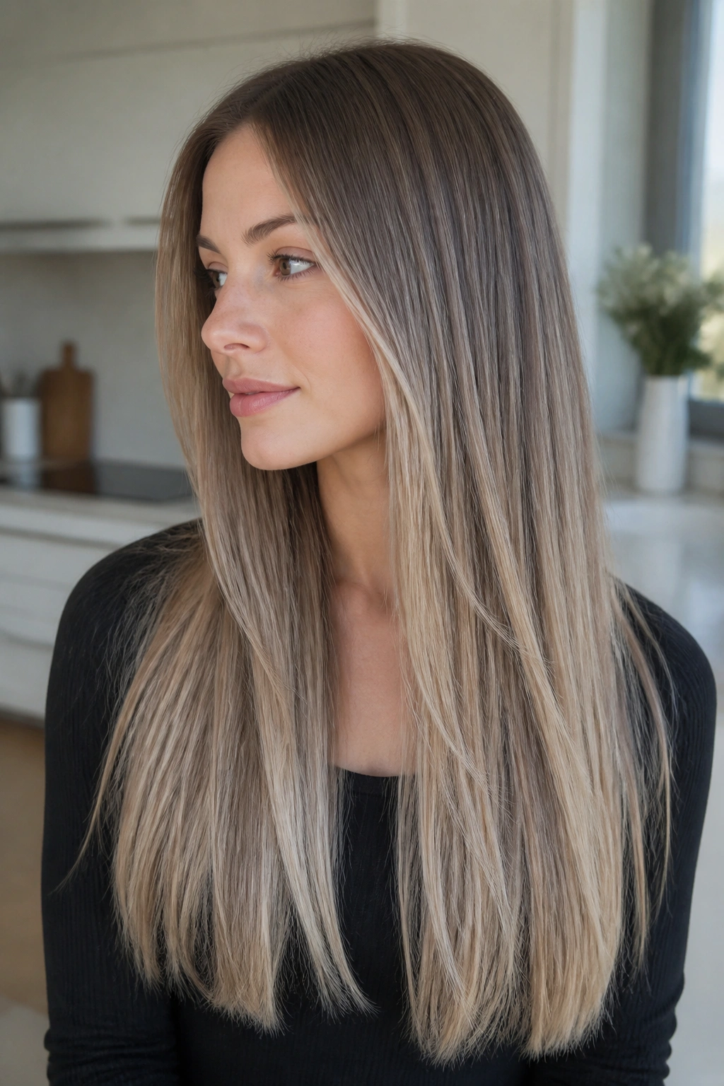 Close-up portrait of a woman with mushroom brown to beige blonde ombre