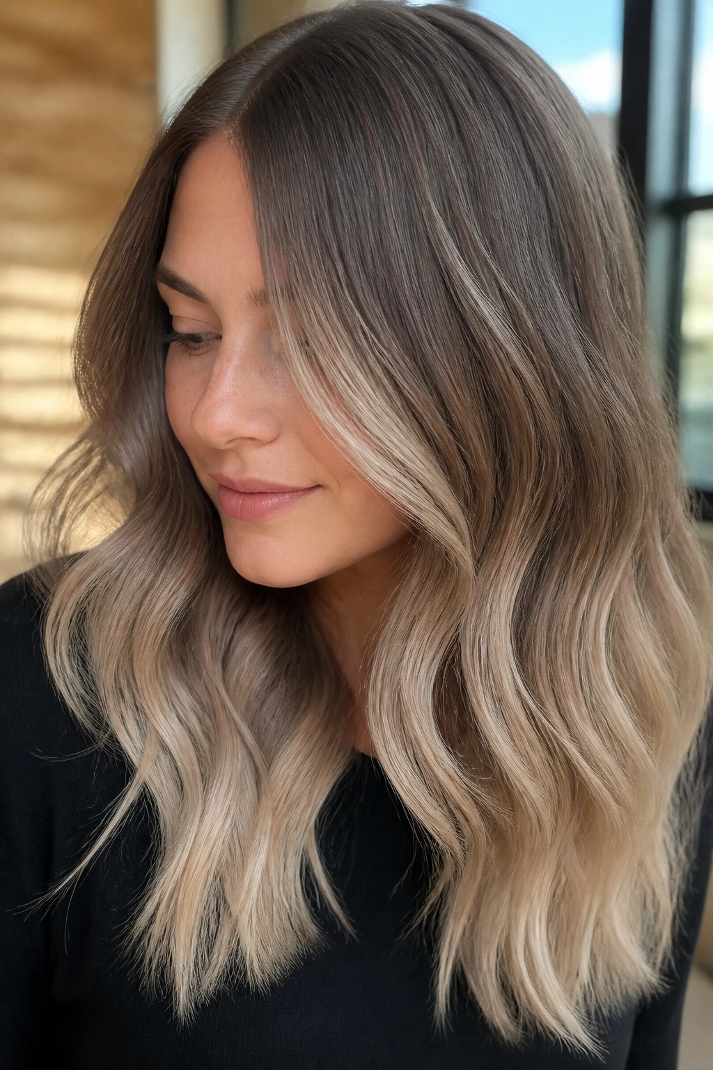 Close up of mushroom brown hair with beige ends on a real person