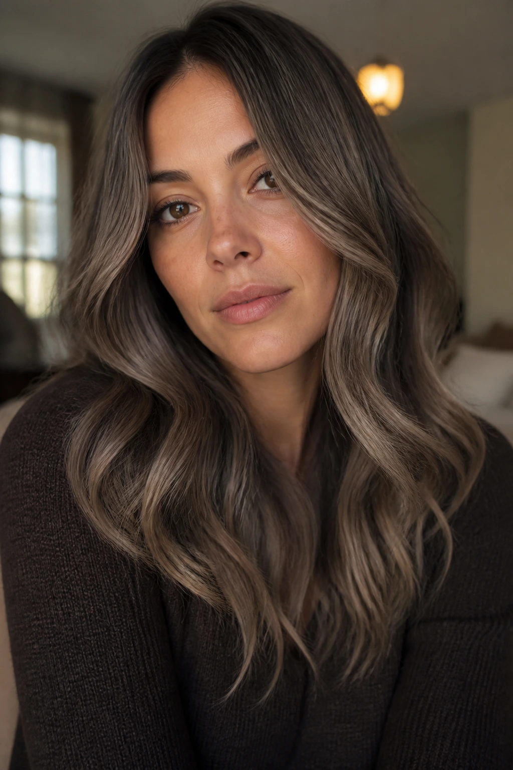Close-up of a real woman with mushroom brown hair and soft beige ends, warm natural light