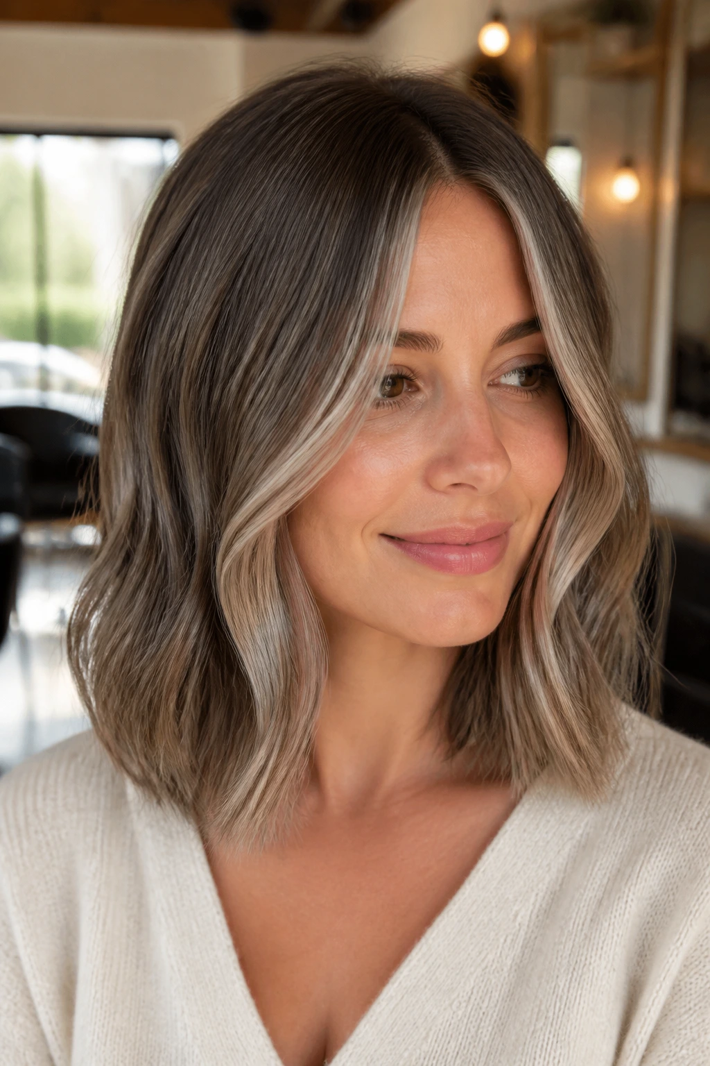 Close-up of a real woman with mushroom brown hair and soft beige front framing the face