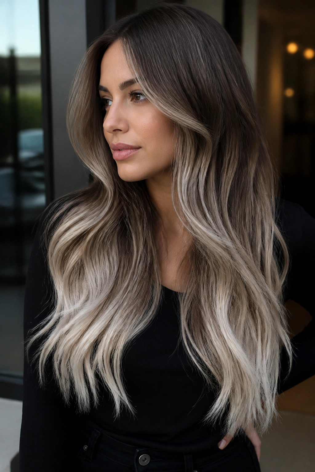 Close-up of long hair in cool neutral tri-color with pearl ends on a real person