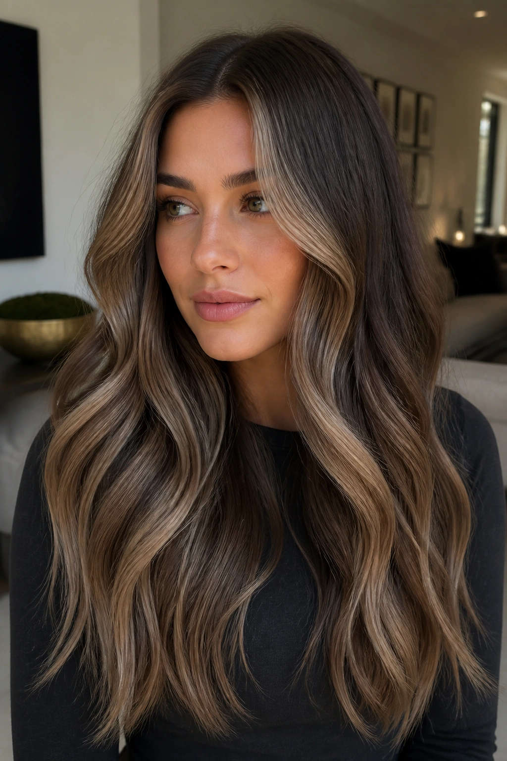Close-up of long mushroom brown hair with beige ribbons in soft daylight