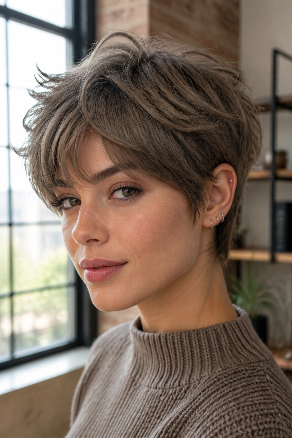 Close-up of a real person with mushroom brown bixie featuring taupe-brown ash tones
