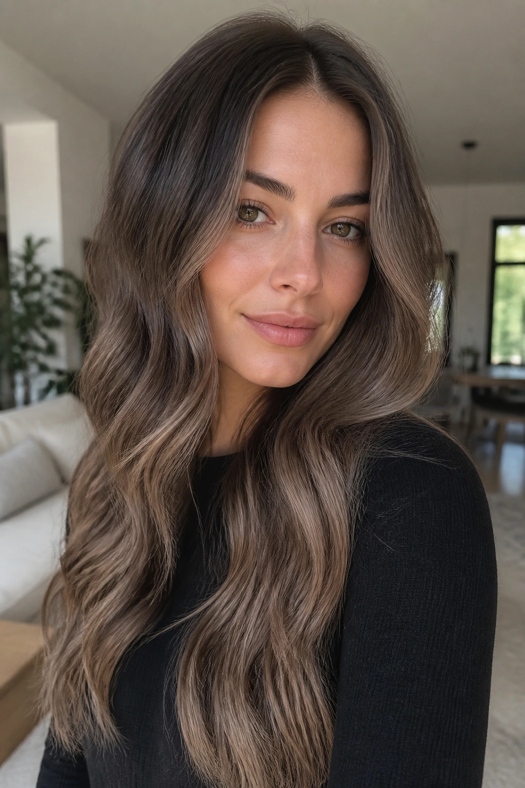 Close-up of a real woman's cool mushroom brown brunette in soft waves