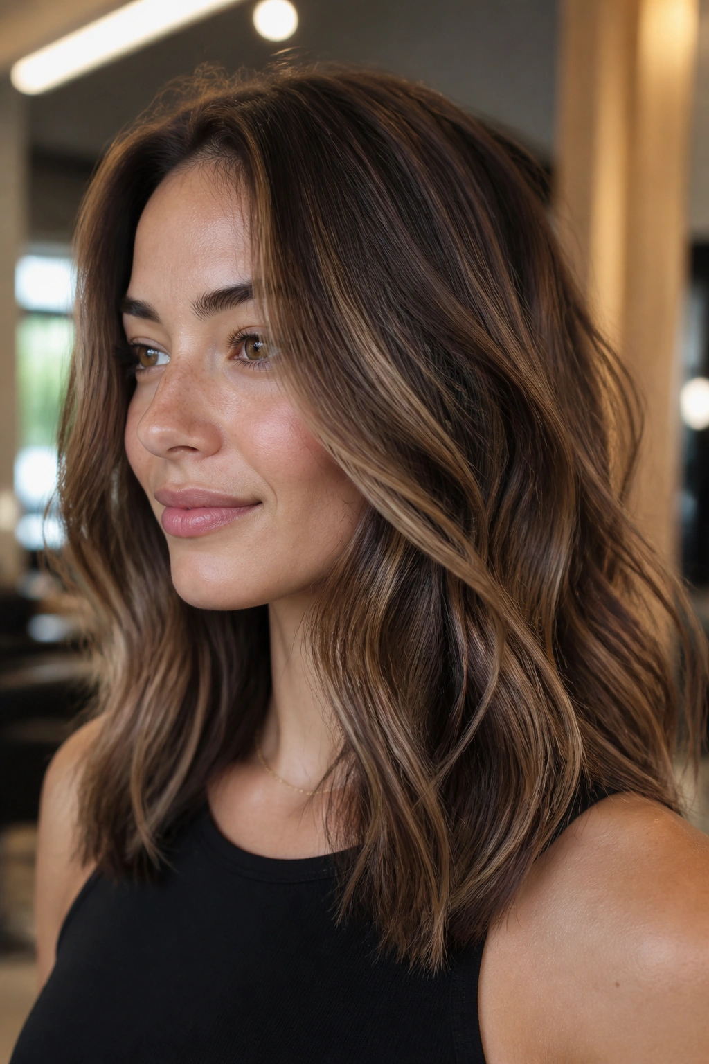 Close-up portrait of a real woman with mushroom brown base and caramel veil highlights in hair