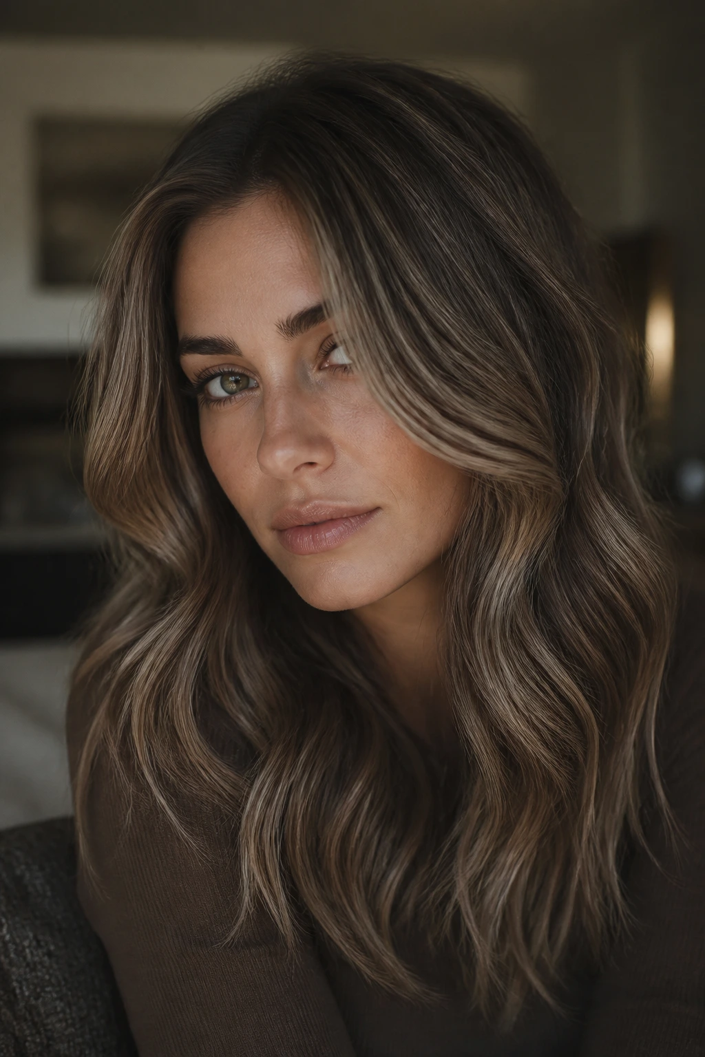 Close-up portrait of mushroom brown hair with cool beige highlights in muted earthy lighting