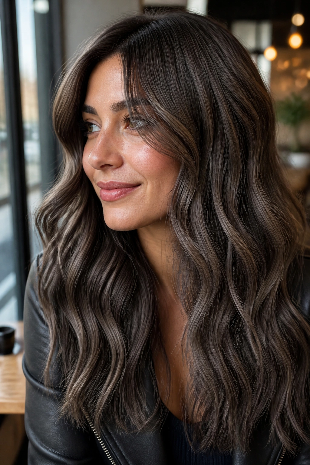 Close-up of a real woman with mushroom brown hair and smoky dimension in soft cafe light