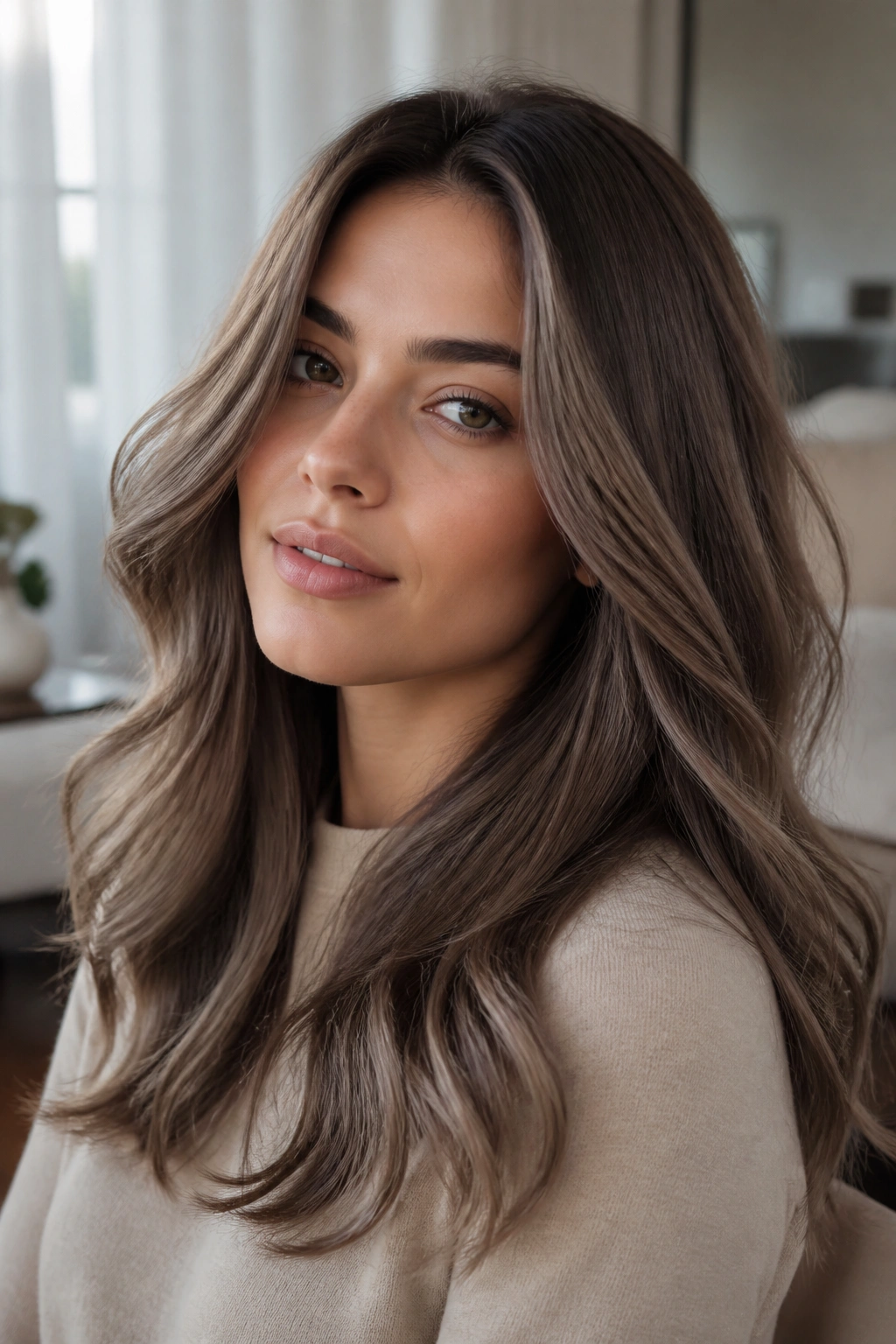 Portrait of a real woman with mushroom brown cool finish hair