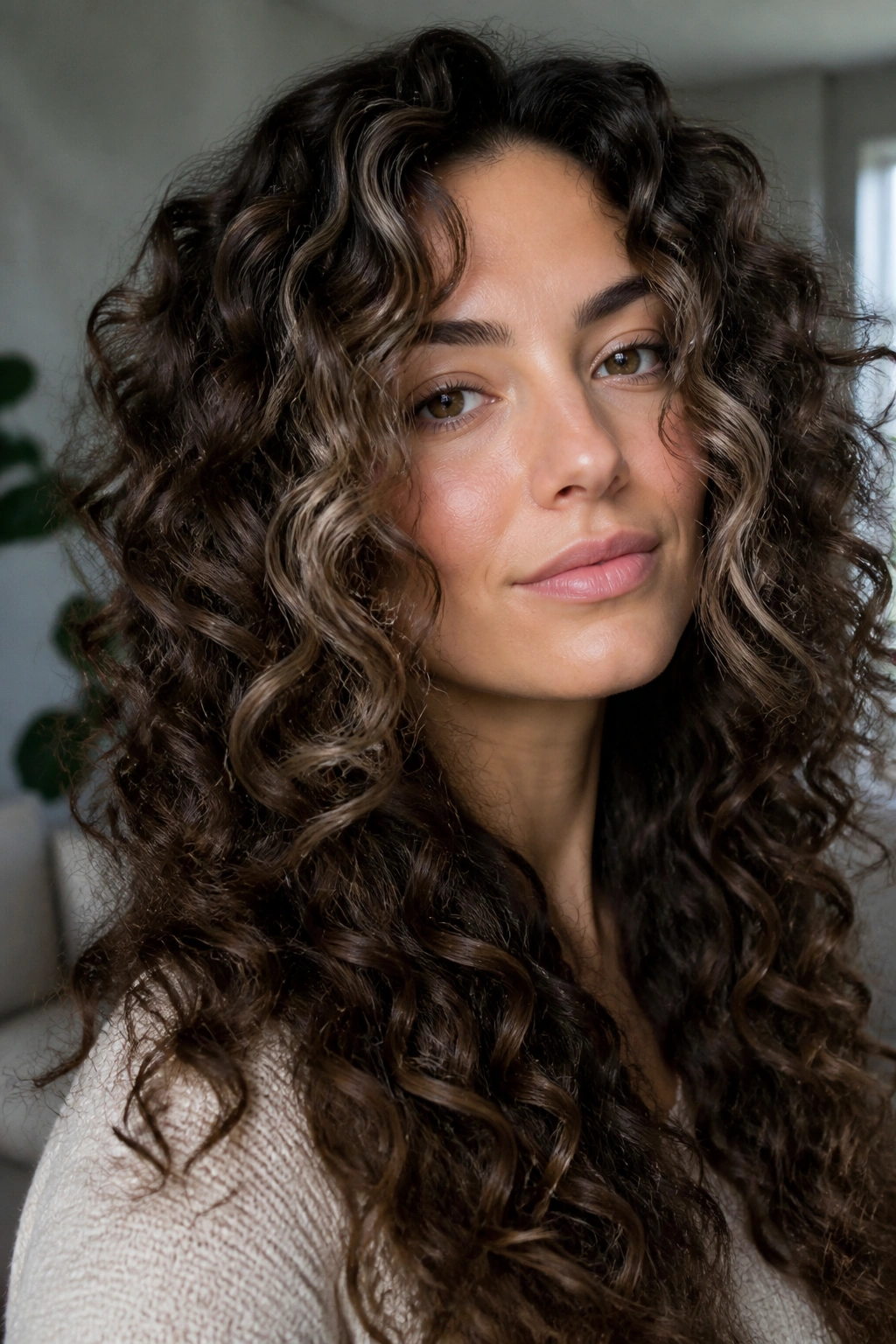 Cool-toned brunette curls with mushroom brown frame