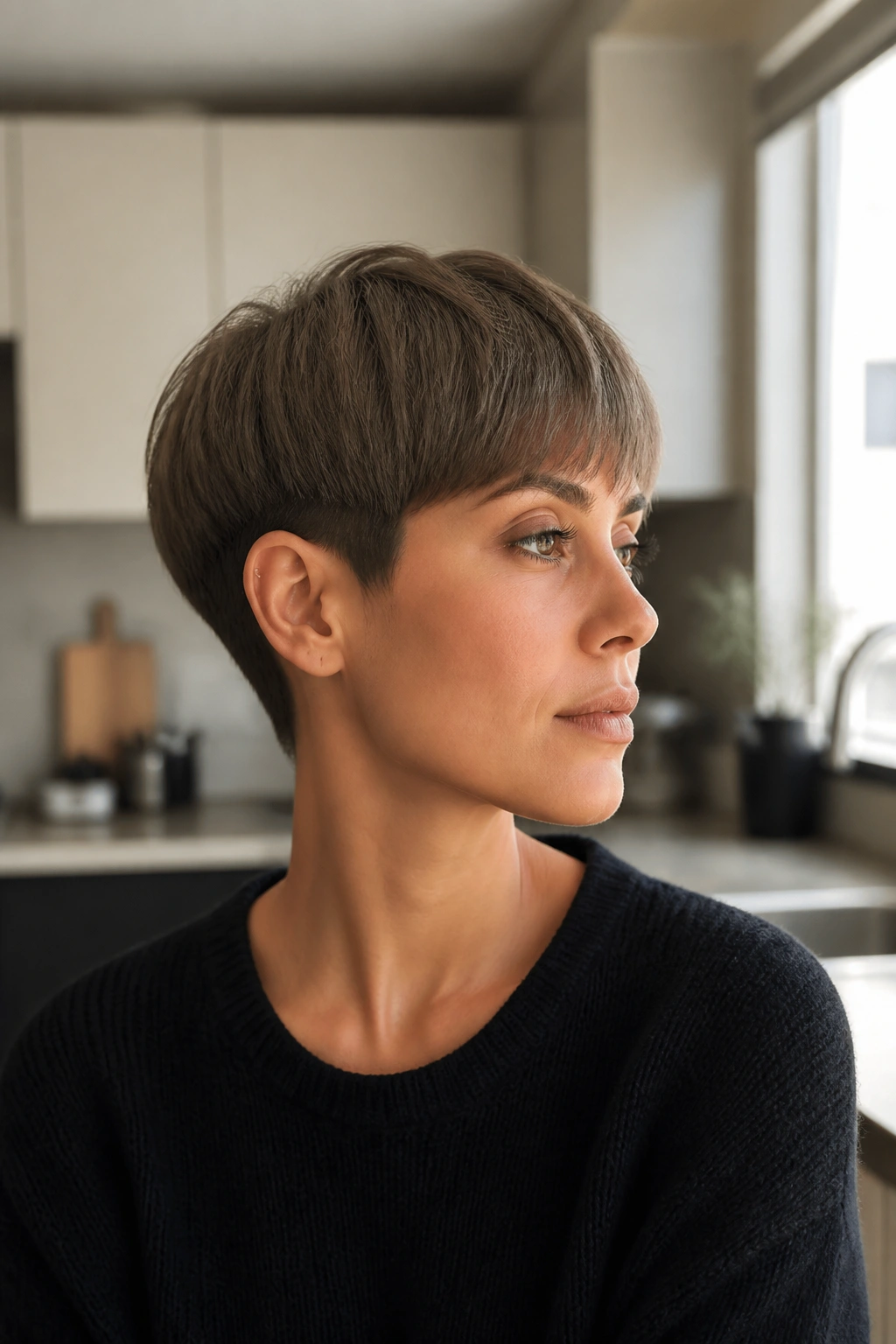 Mushroom brown crop with tucked sides close-up on a real person