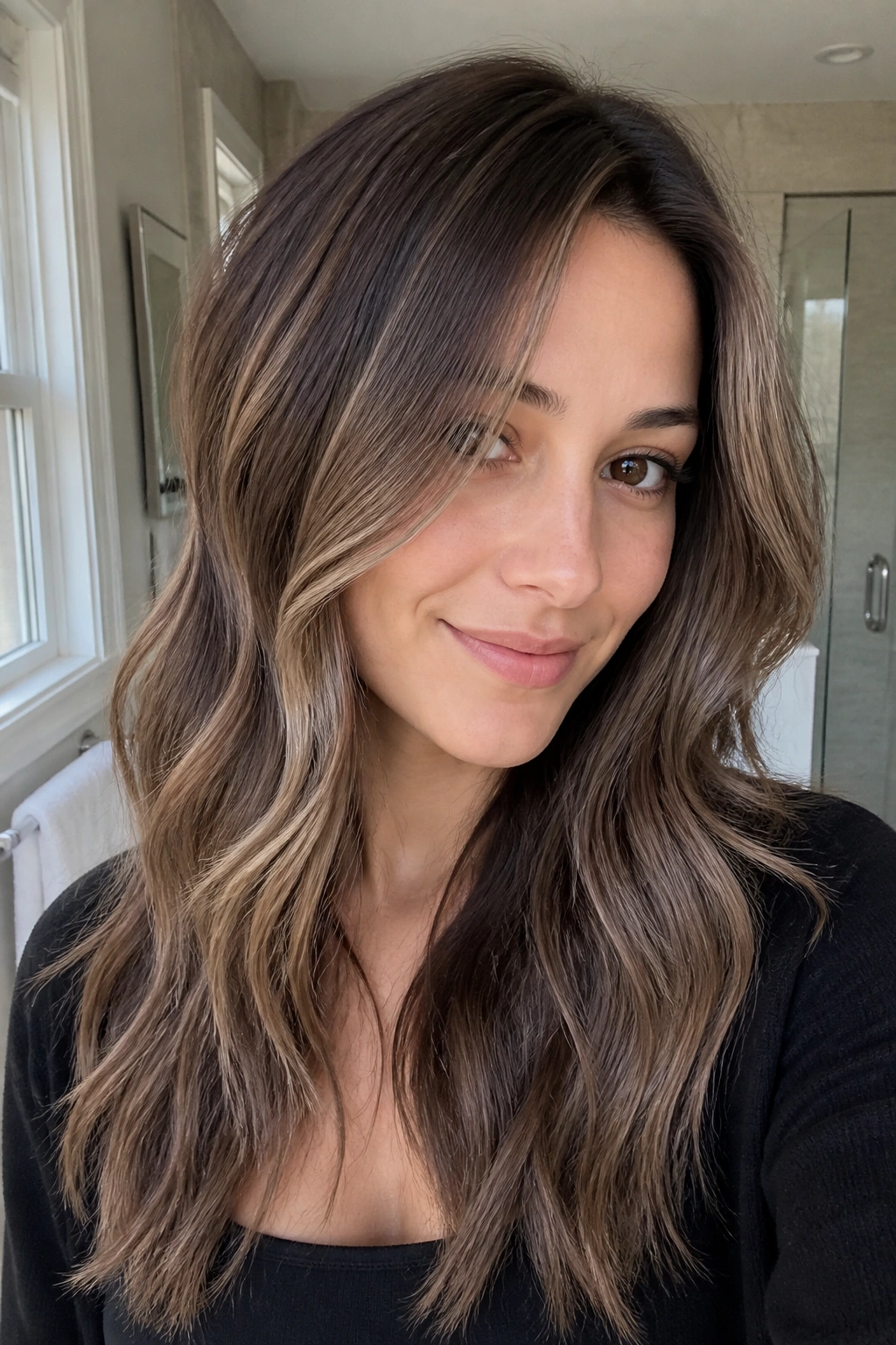 Close-up of a real woman with mushroom brown dimension on cool brunette hair.