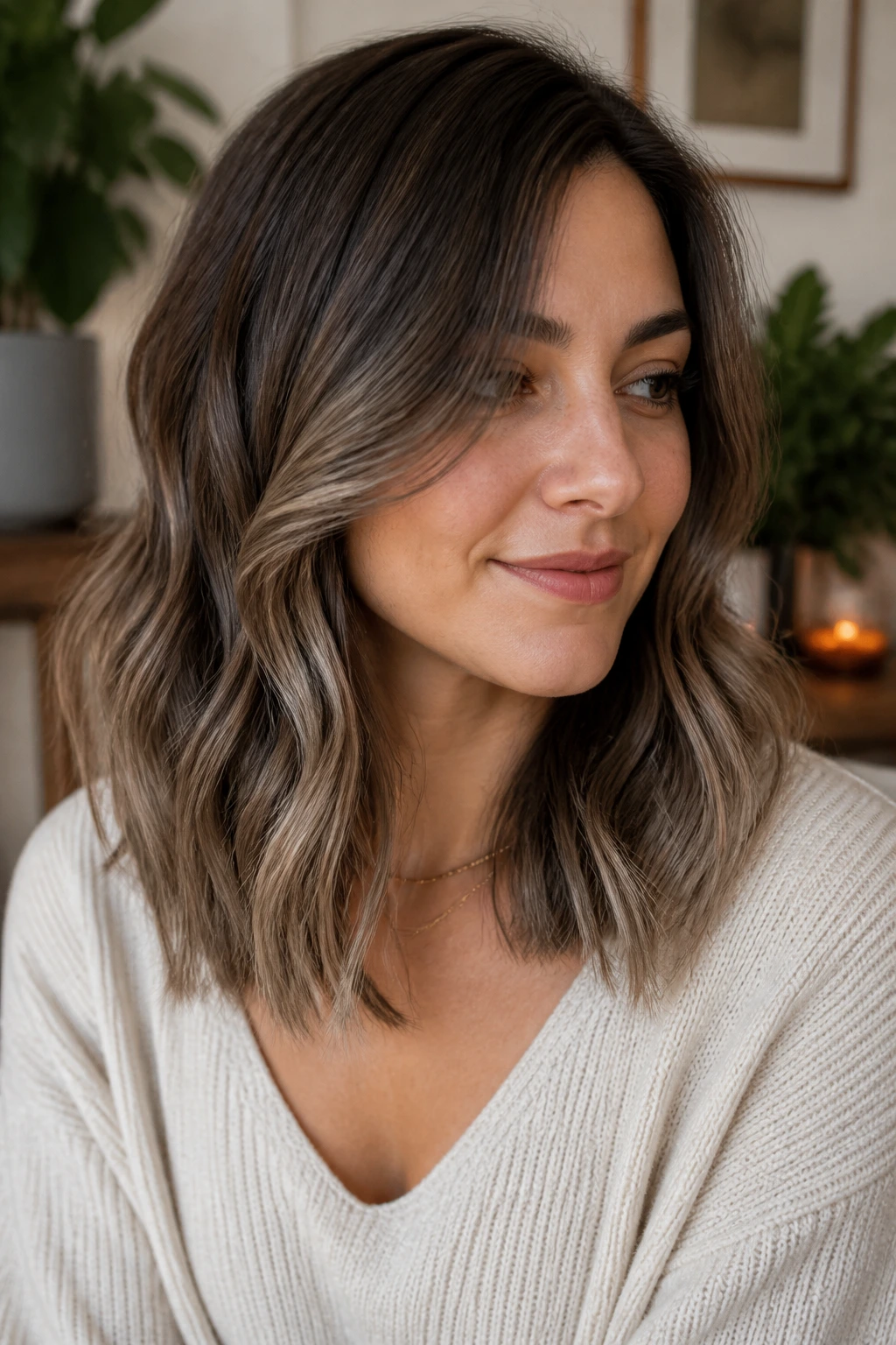 Close-up portrait of a real woman with mushroom brown hair and dimensional ends
