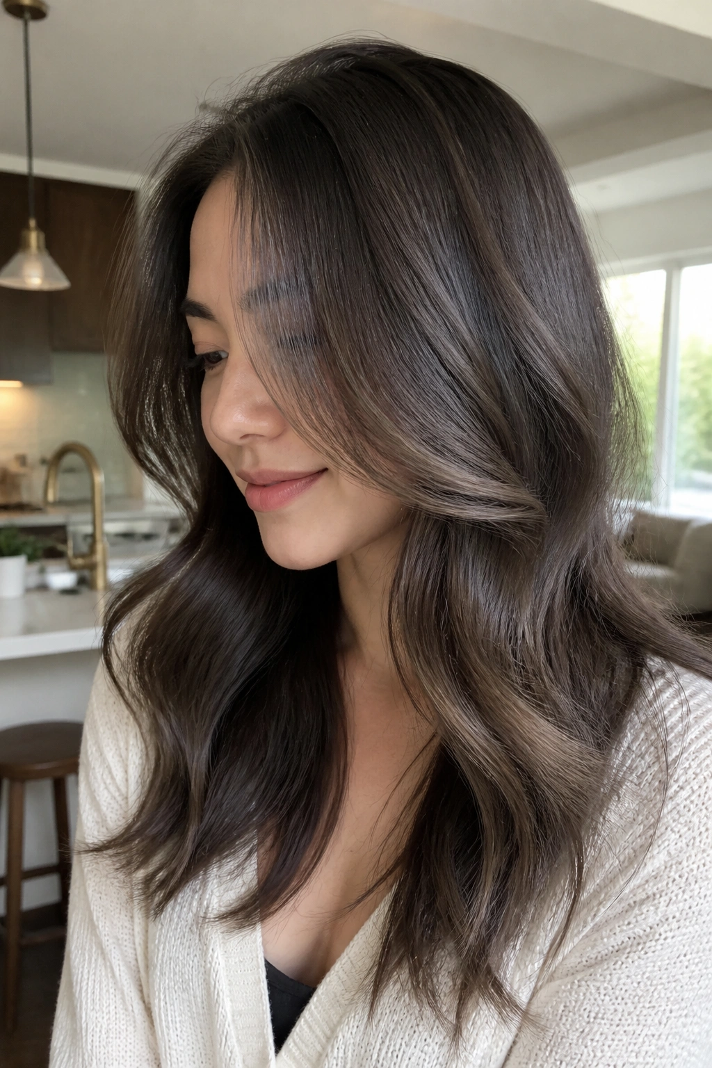 Close-up of a real woman with mushroom brown gloss on shiny dark hair