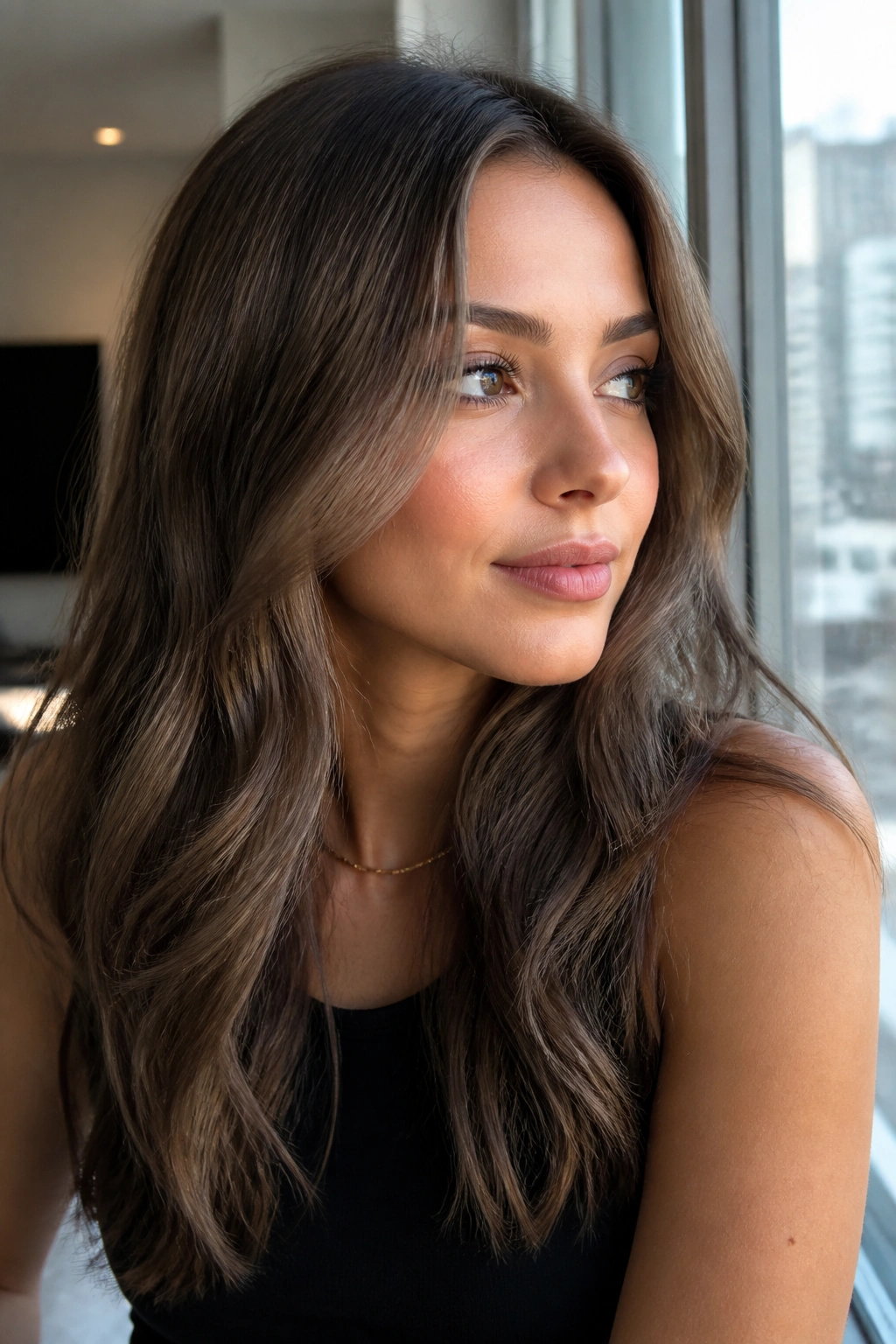 Close-up of a real person with Mushroom Brown hair color showing cool-toned brunette with taupe and ash tones.