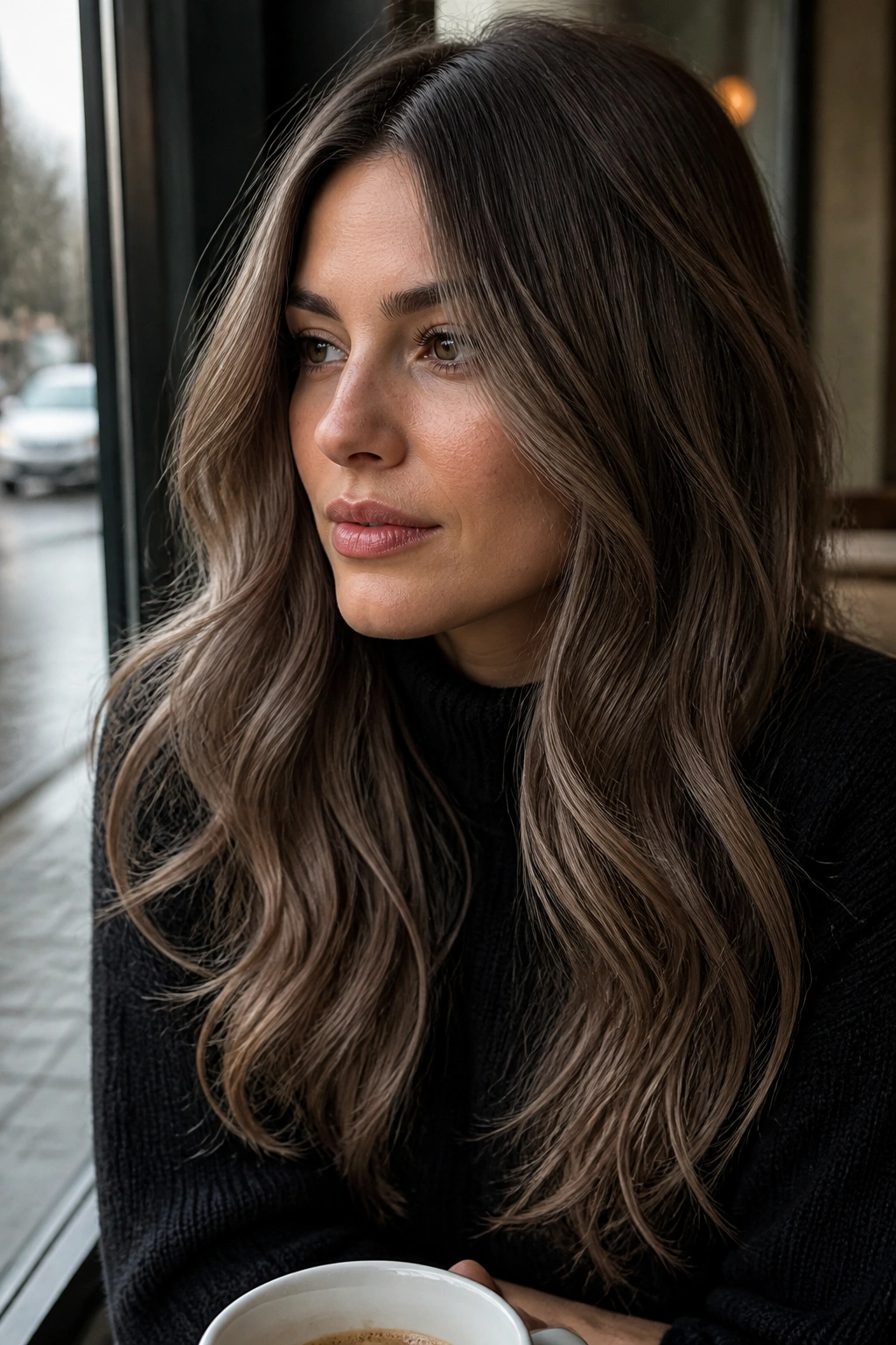 Close-up portrait of a woman with ash-toned mushroom brown hair near a cafe window.