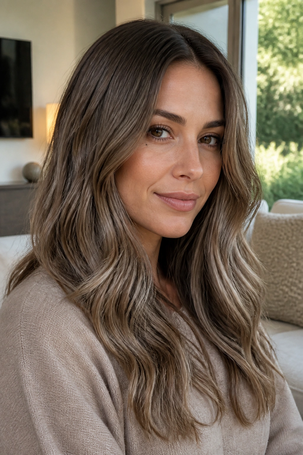 Close-up portrait of a real woman with mushroom brown hair and cool beige depth.