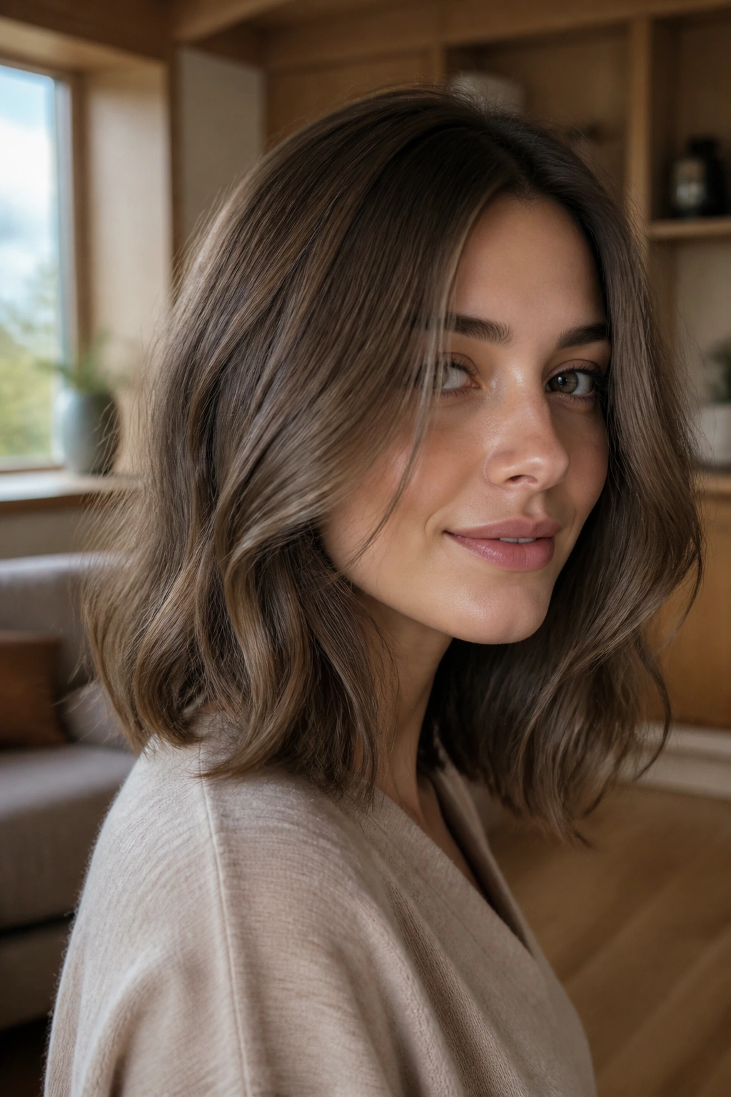 Close-up portrait of a real woman with mushroom brown hair in a window-lit living room