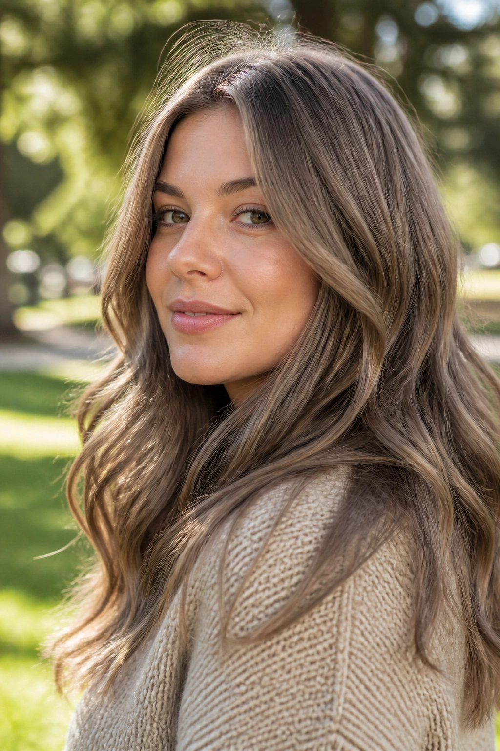 Close-up portrait of a real woman with mushroom brown hair in soft morning light