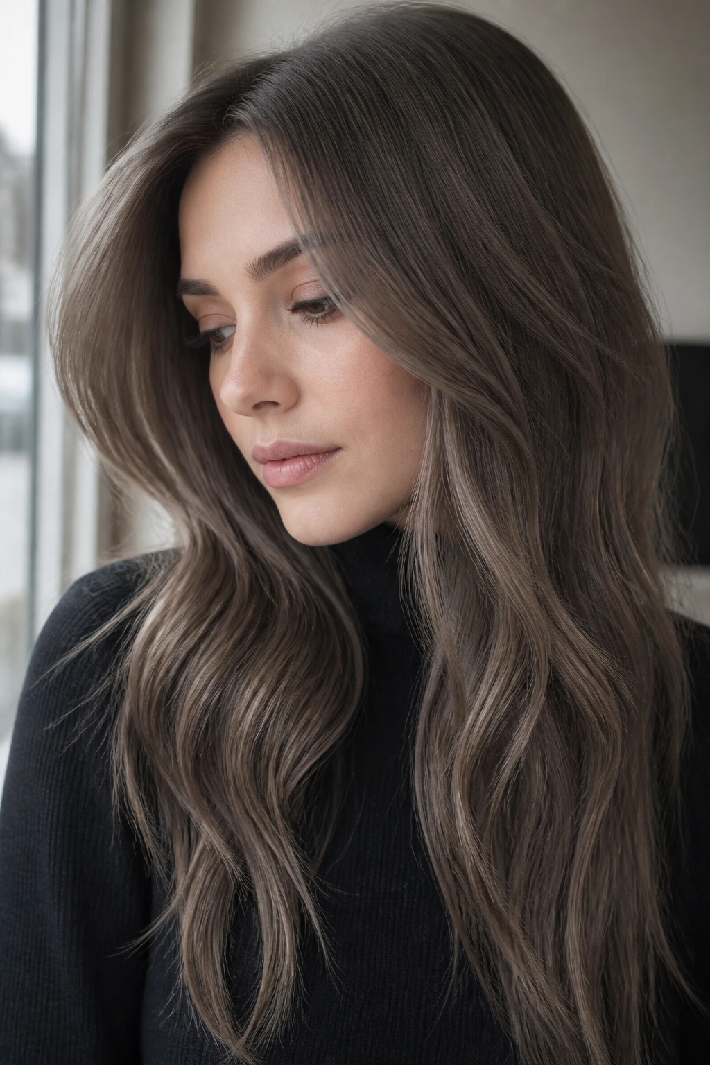 Close-up mushroom brown hair taupe ash tones