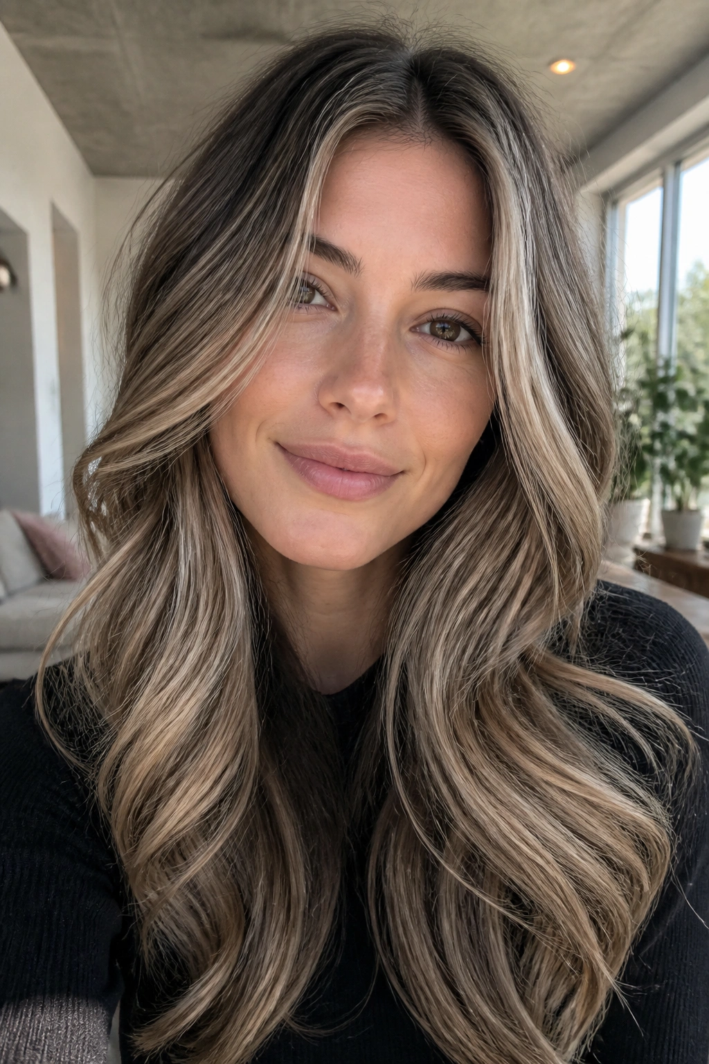 Real woman with mushroom brown lowlights and highlights on long hair