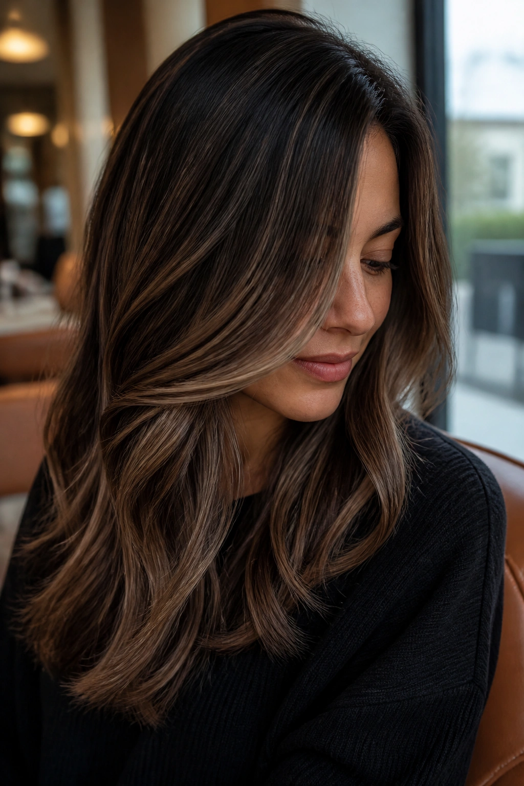 Brunette with subtle mushroom brown highlights showcased in soft natural light