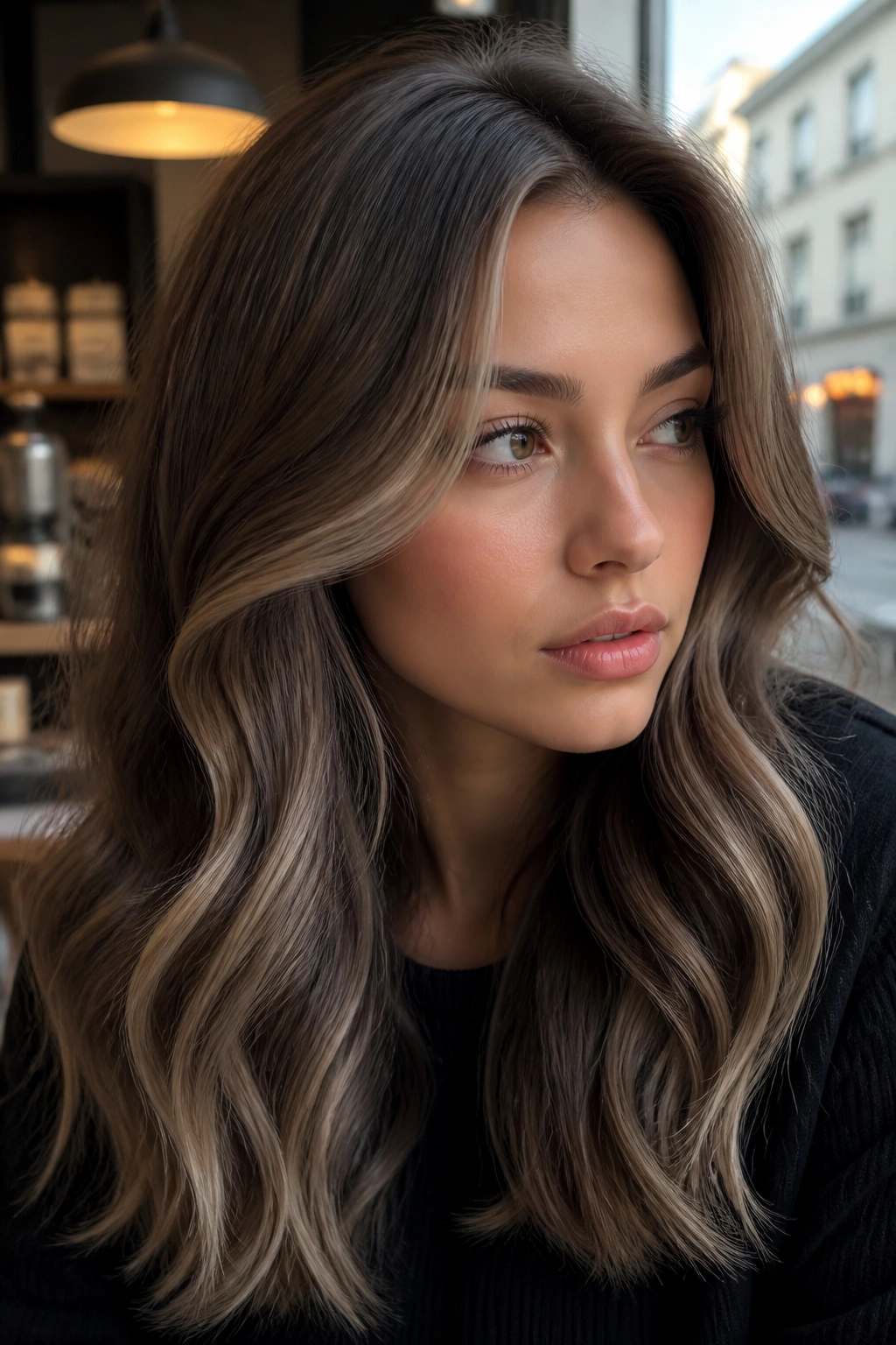 Portrait of a woman with mushroom brown hair and face-framing highlights