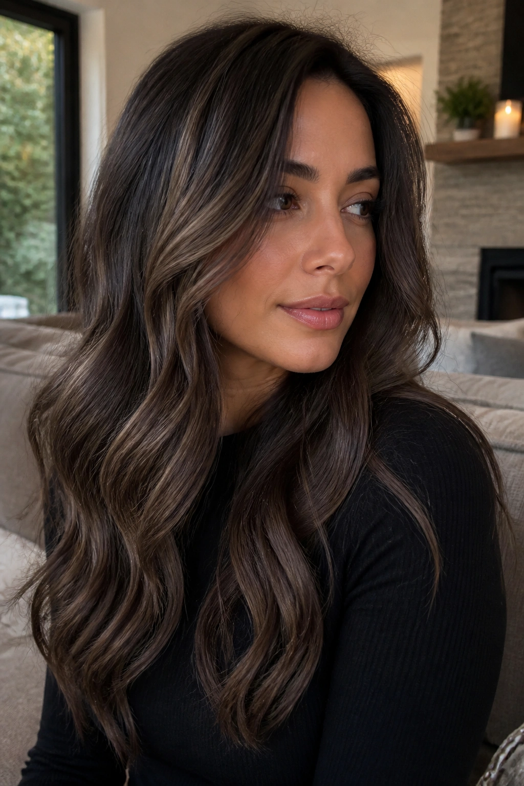 Close-up portrait of a real woman with mushroom brown micro-light highlights on wavy brunette hair