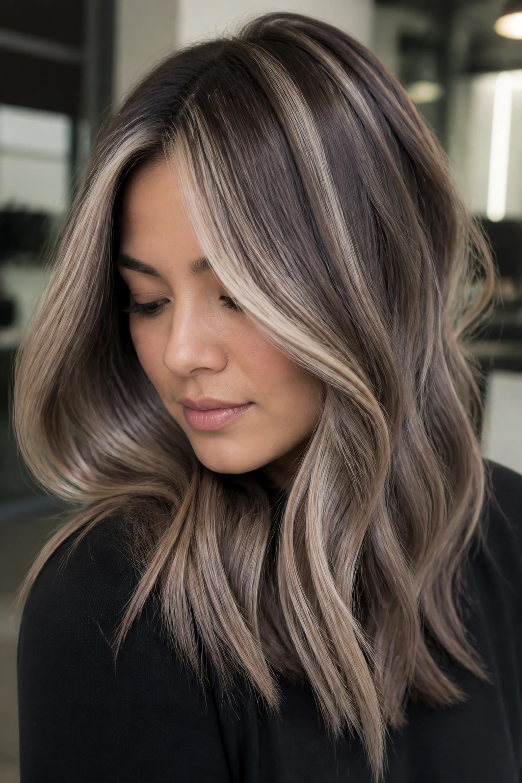 Real woman with mushroom brown base and icy beige chunks, close-up