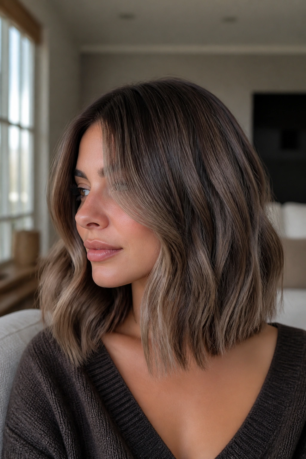 Close-up of a real person with mushroom brown hair and smoky lowlights