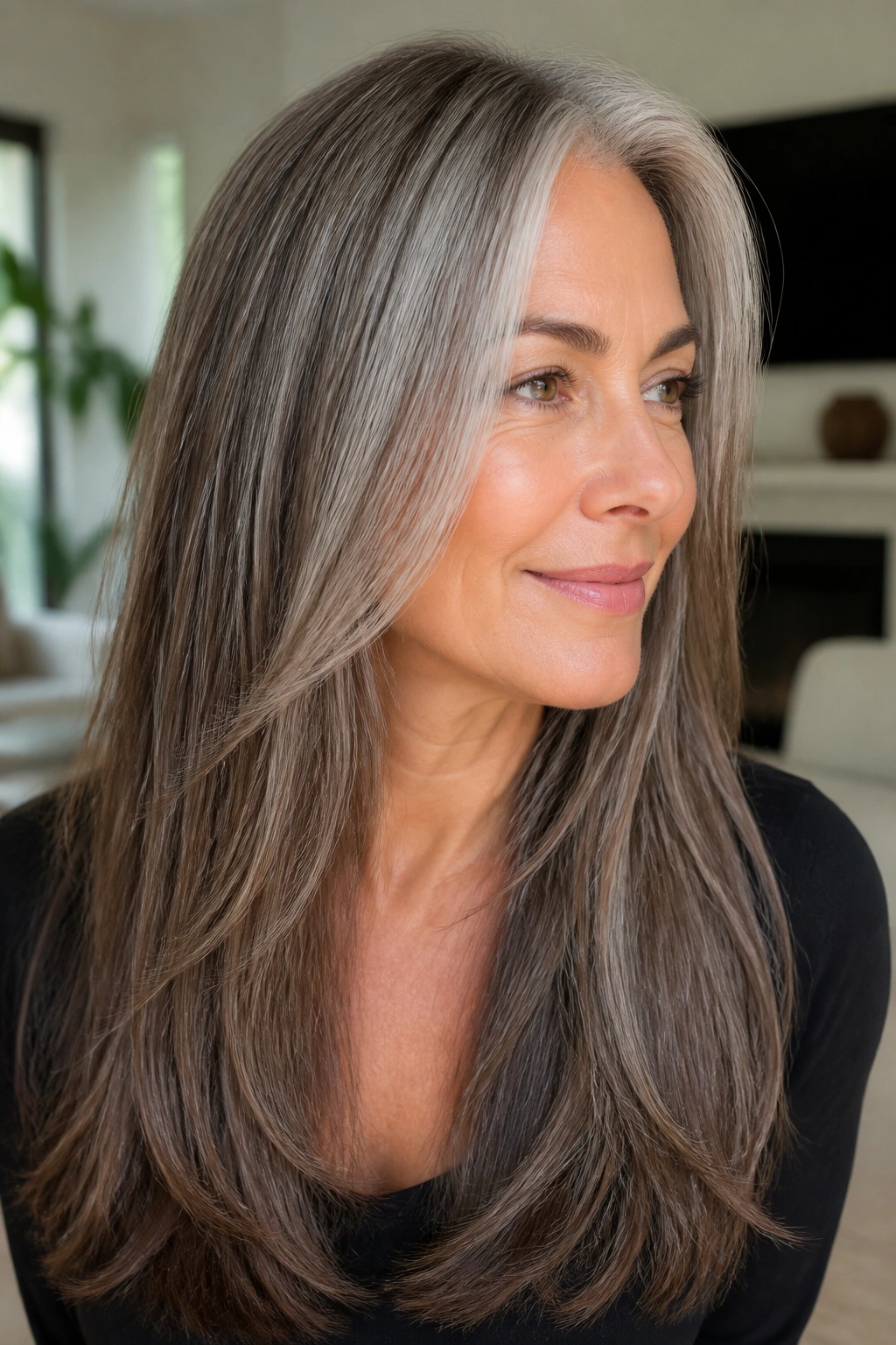 Close-up of straight long hair with mushroom brown lowlights