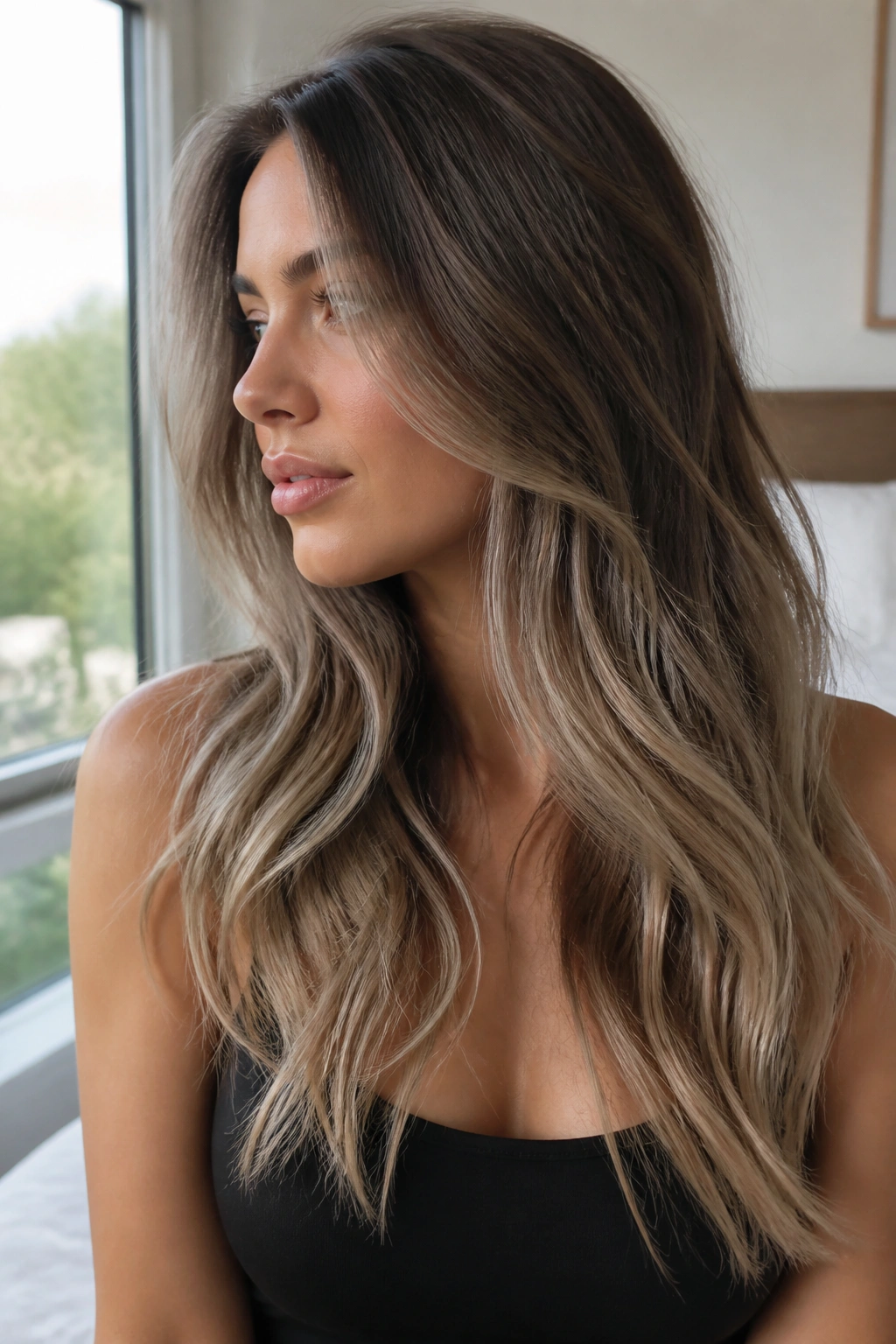 Close-up of a real woman with mushroom brown melt and smoky beige ends on long hair, in soft window light
