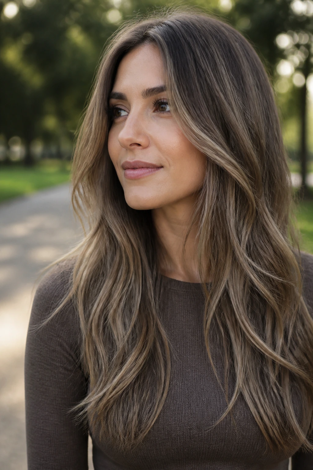 Real woman with mushroom brown base and beige ribbons in long hair.