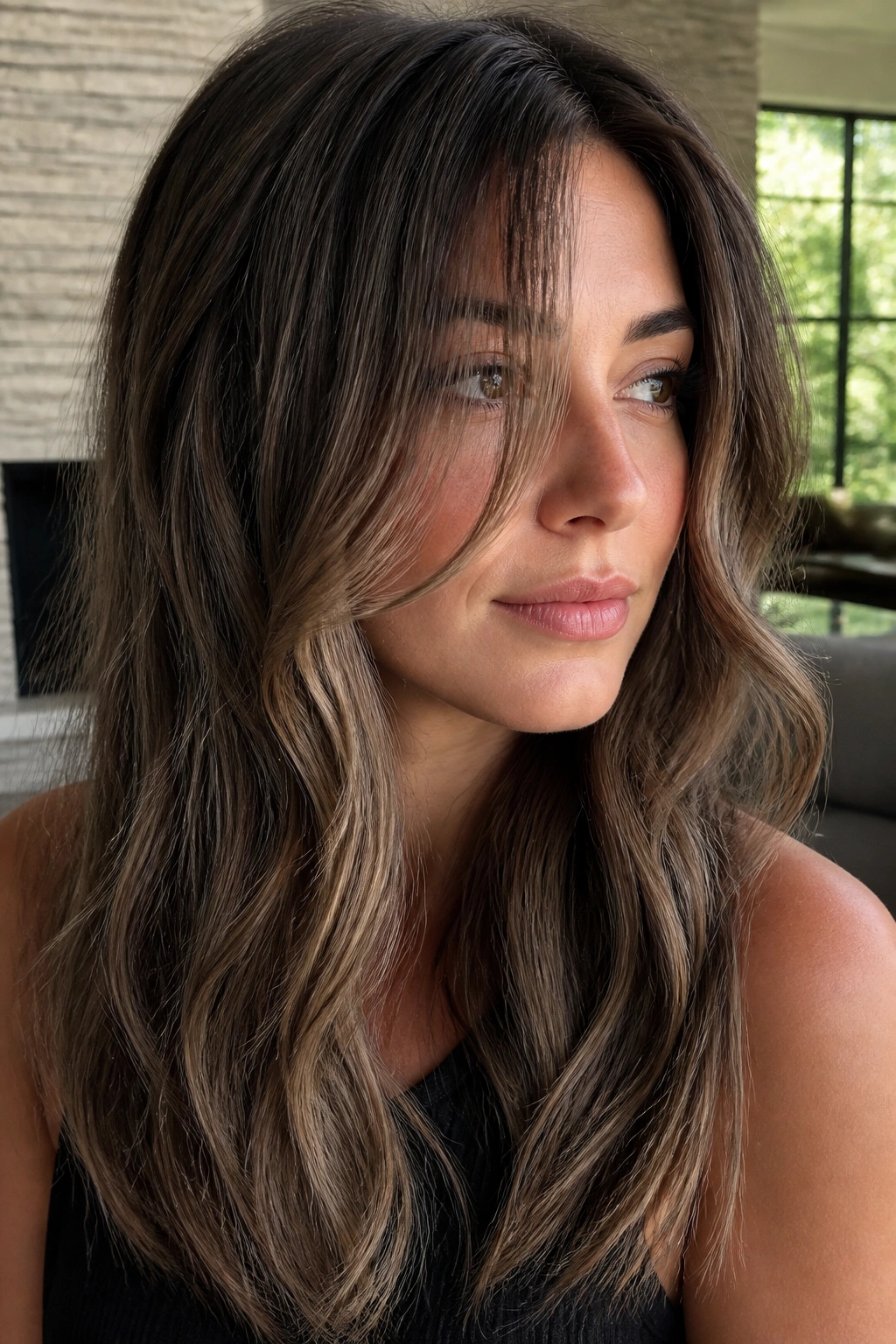Close-up of brunette with cool mushroom brown ribbons through mid-lengths