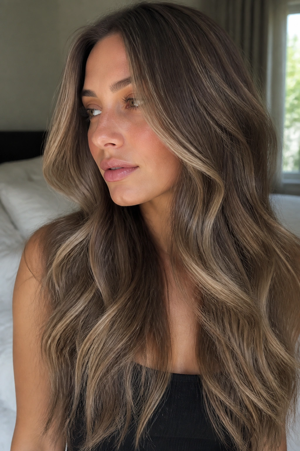 Close-up of a real woman with mushroom brown hair and cool beige ribbons in soft bedroom light