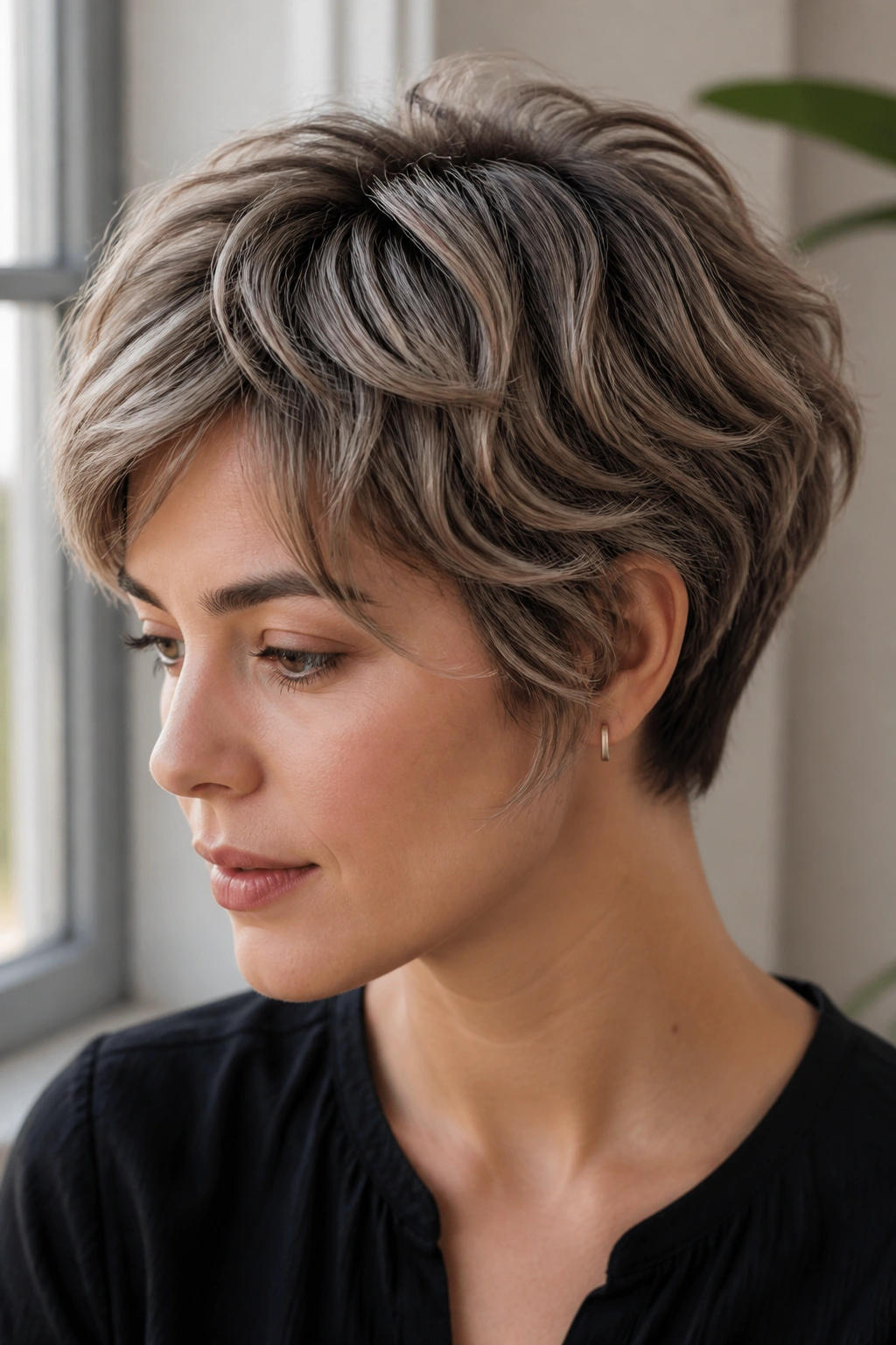 Close-up of a real woman with mushroom brown shadow root on a wavy crop in natural daylight