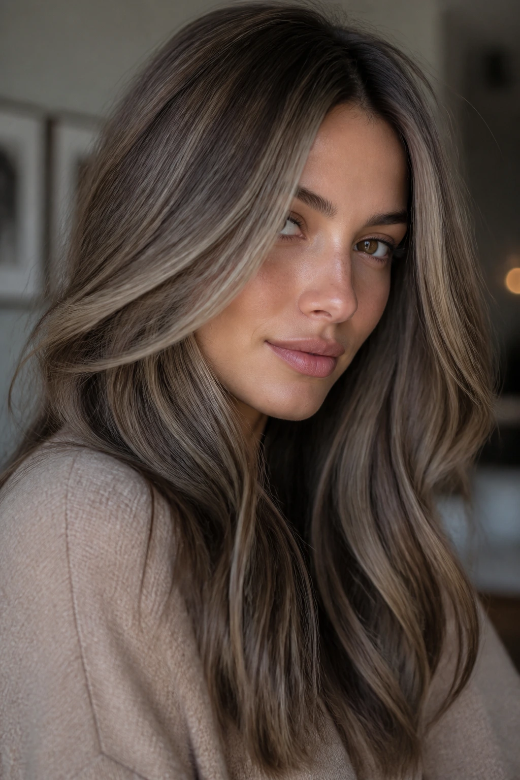 Real woman with cool taupe ash-brown hair and beige highlights.