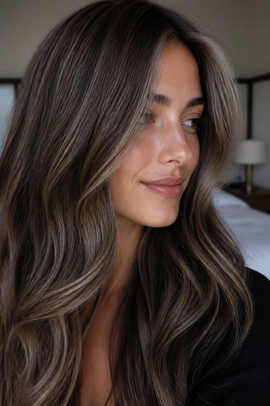Close-up of a real woman with mushroom brown hair and silver babylights