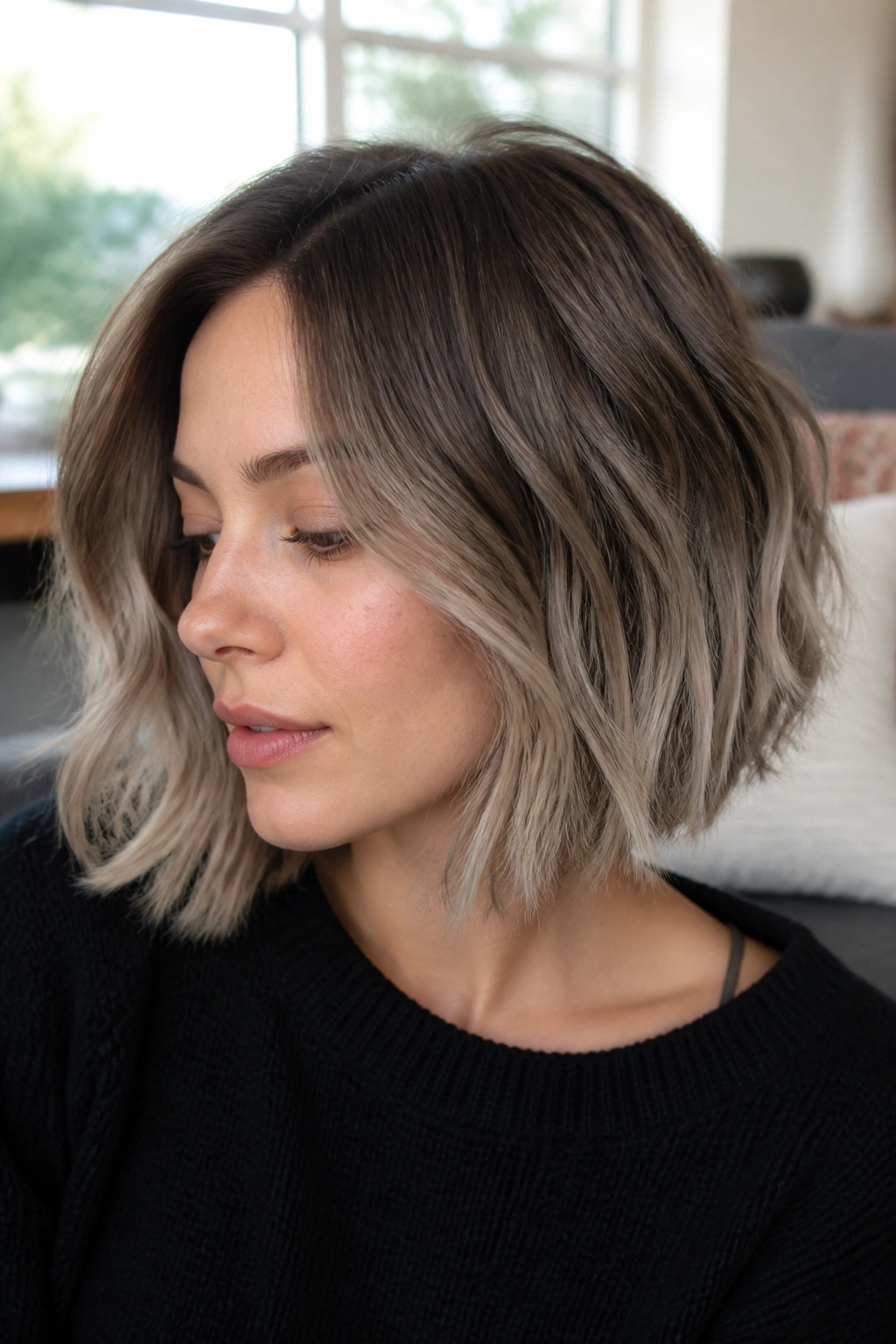 Close-up of short hair color transition from mushroom brown to silver beige
