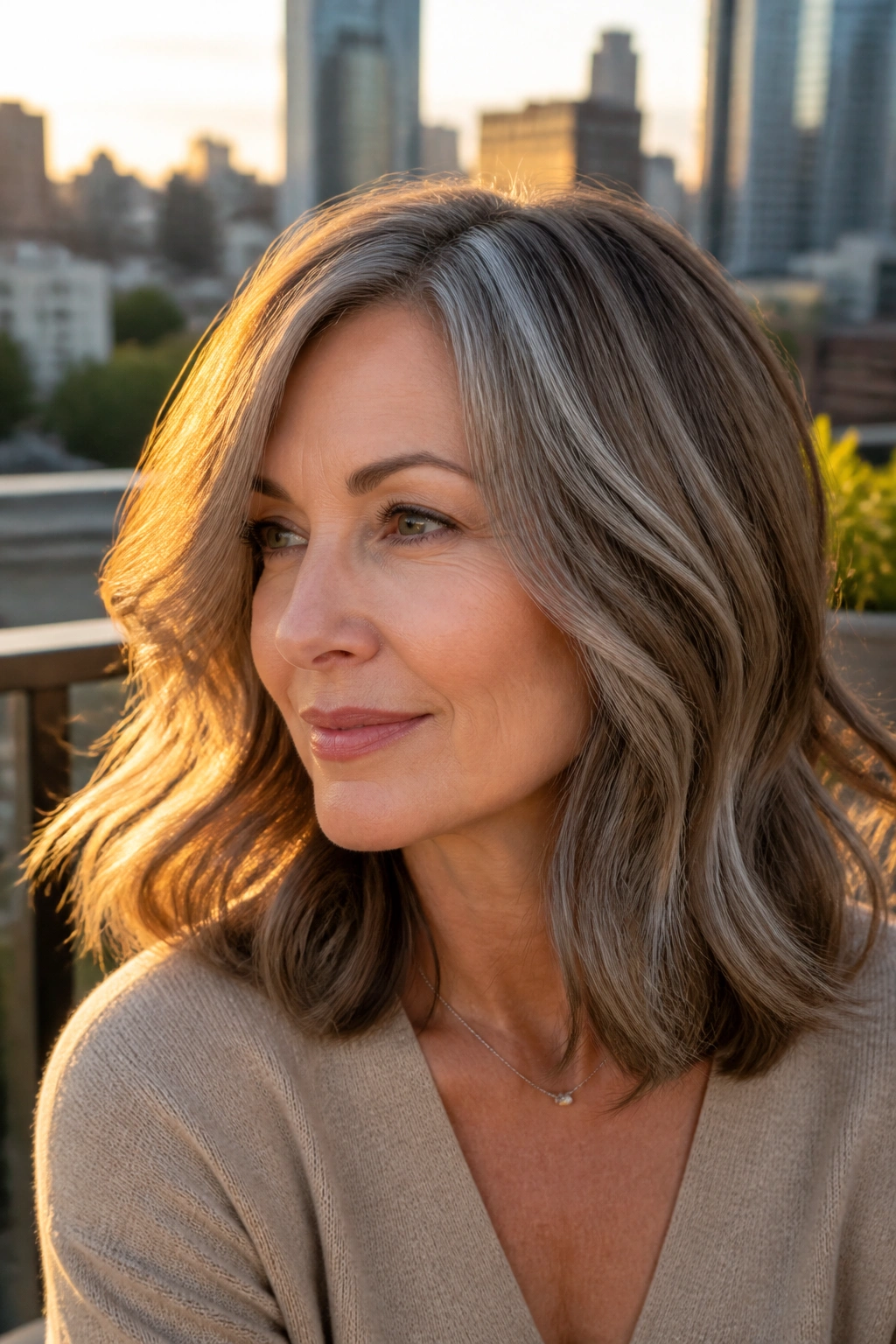 Close-up of mushroom brown and silver blended hair on shoulder-length hairstyle