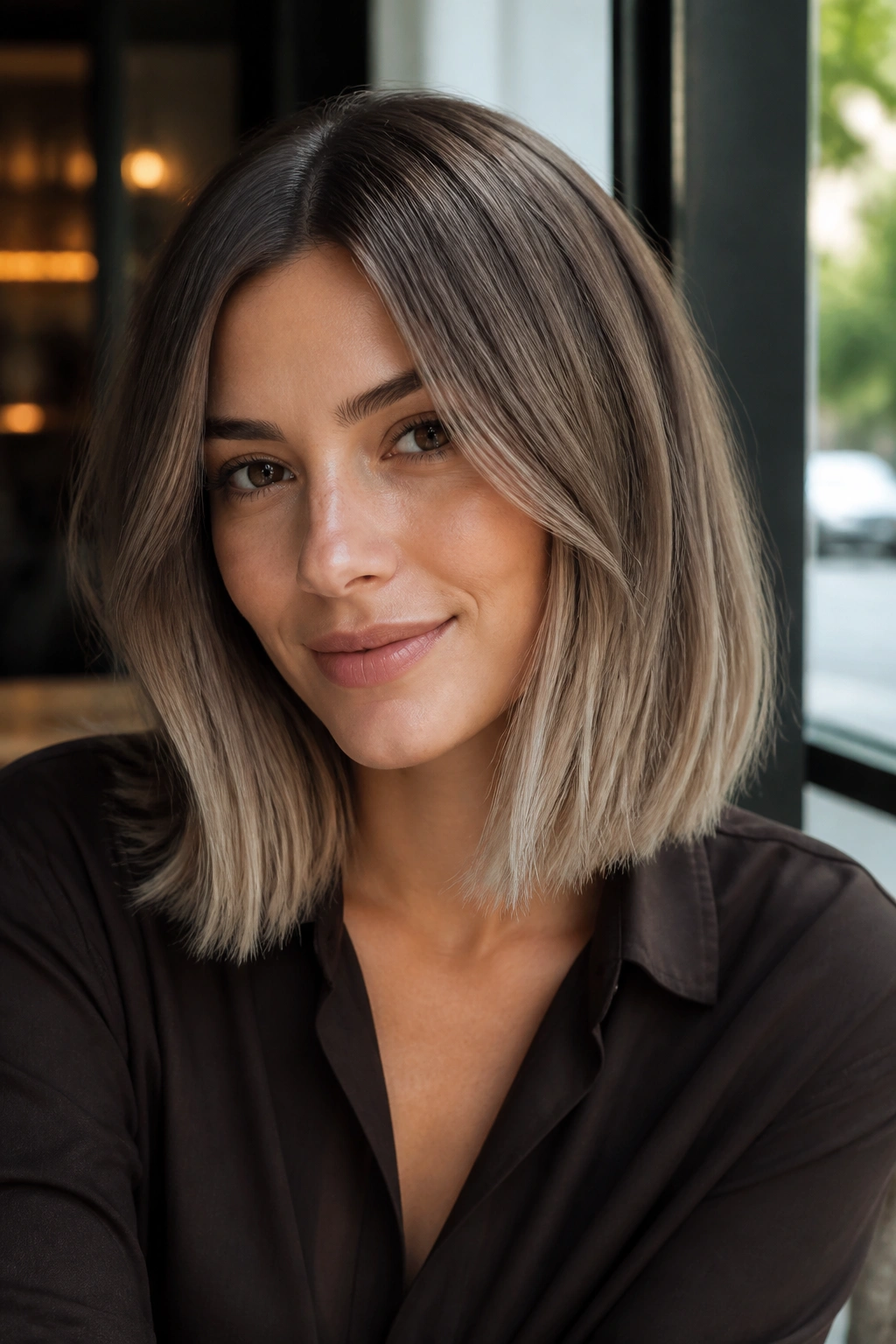 Portrait of a real woman with mushroom brown to smoky beige ombre