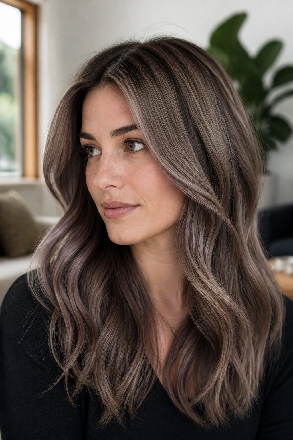 Close-up of mushroom brown hair with smoky lowlights on a real person