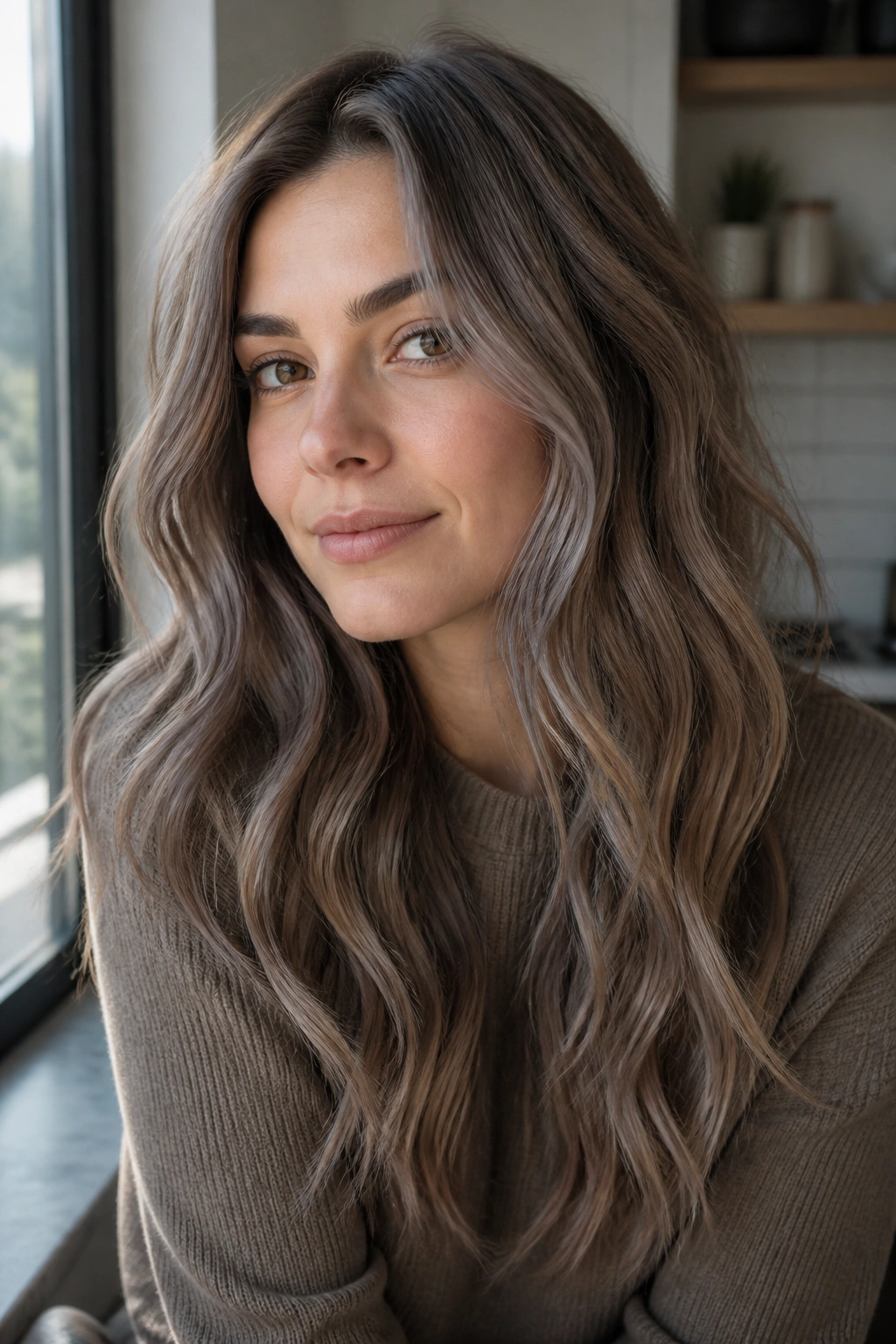Close-up portrait of a real woman with mushroom brown taupe hair.