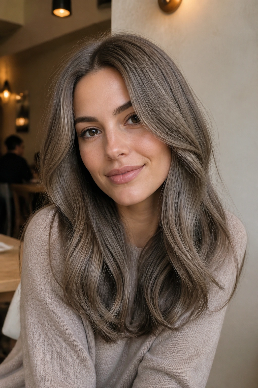 Close-up of a real woman with mushroom brown cool taupe hair