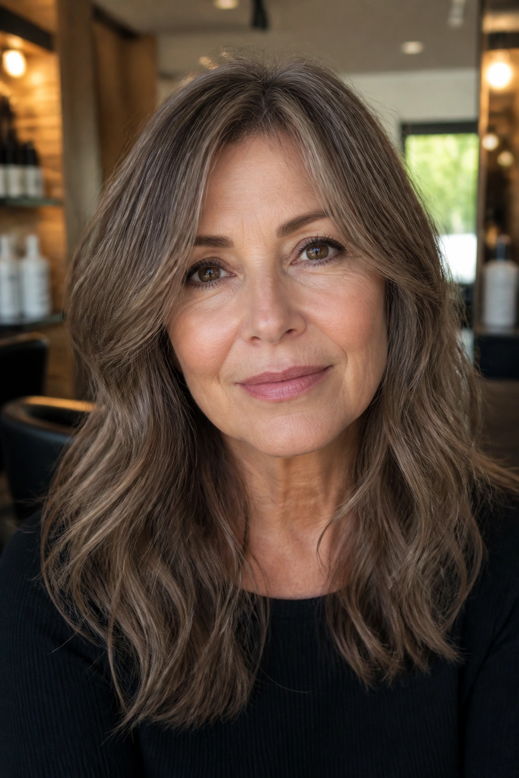 Close-up portrait of a real woman with mushroom brown hair for cool undertones in a salon