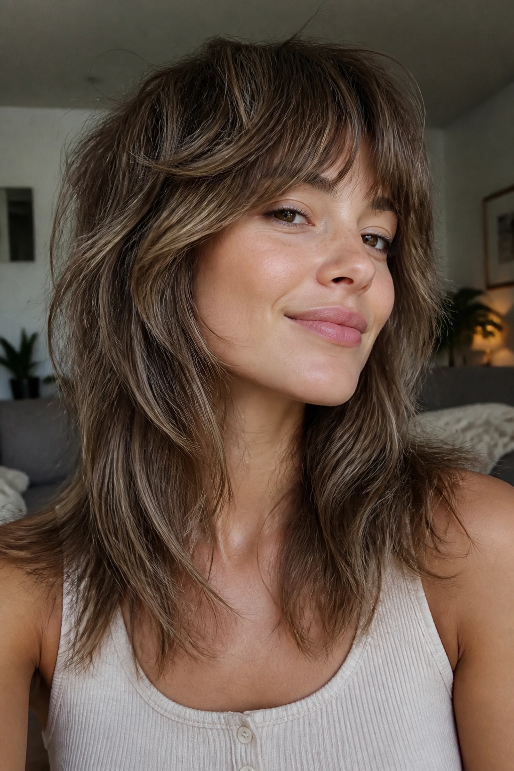 Close-up of a real woman with mushroom brown wolf cut and lived-in highlights in soft natural light