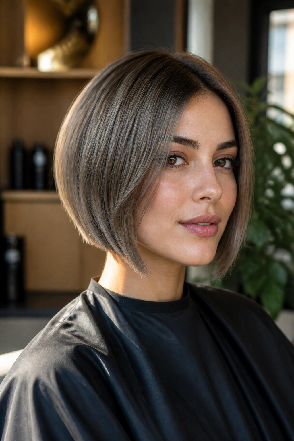 Close-up of a real woman with a mushroom brunette bob in cool taupe tones.