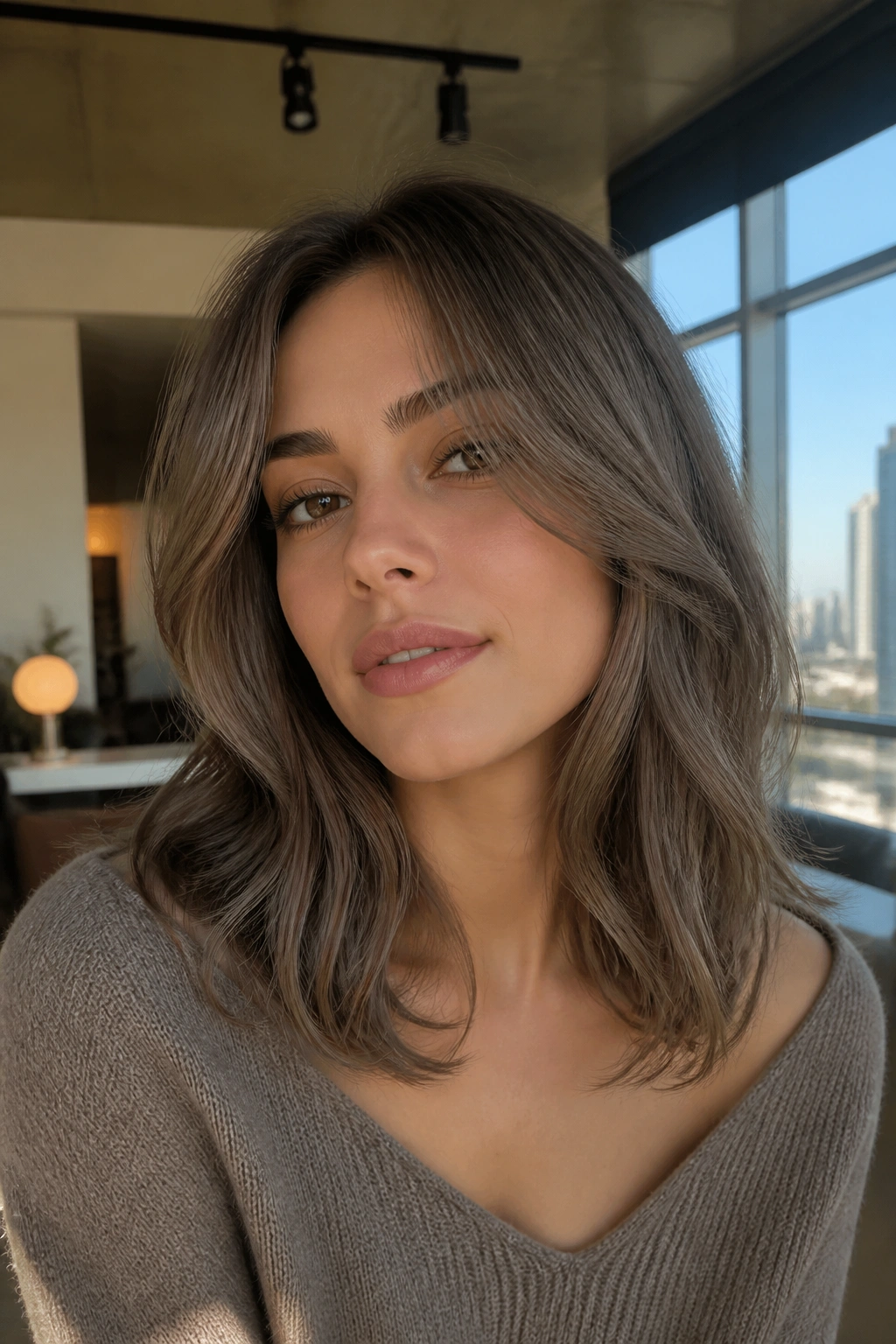 Close-up of a real person with mushroom brunette hair showing subtle dimension