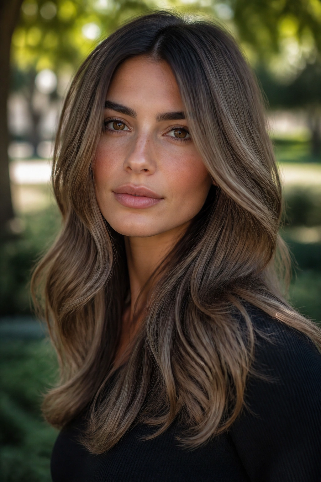 Portrait of a woman with mushroom brunette hair in taupe-brown beige gloss.