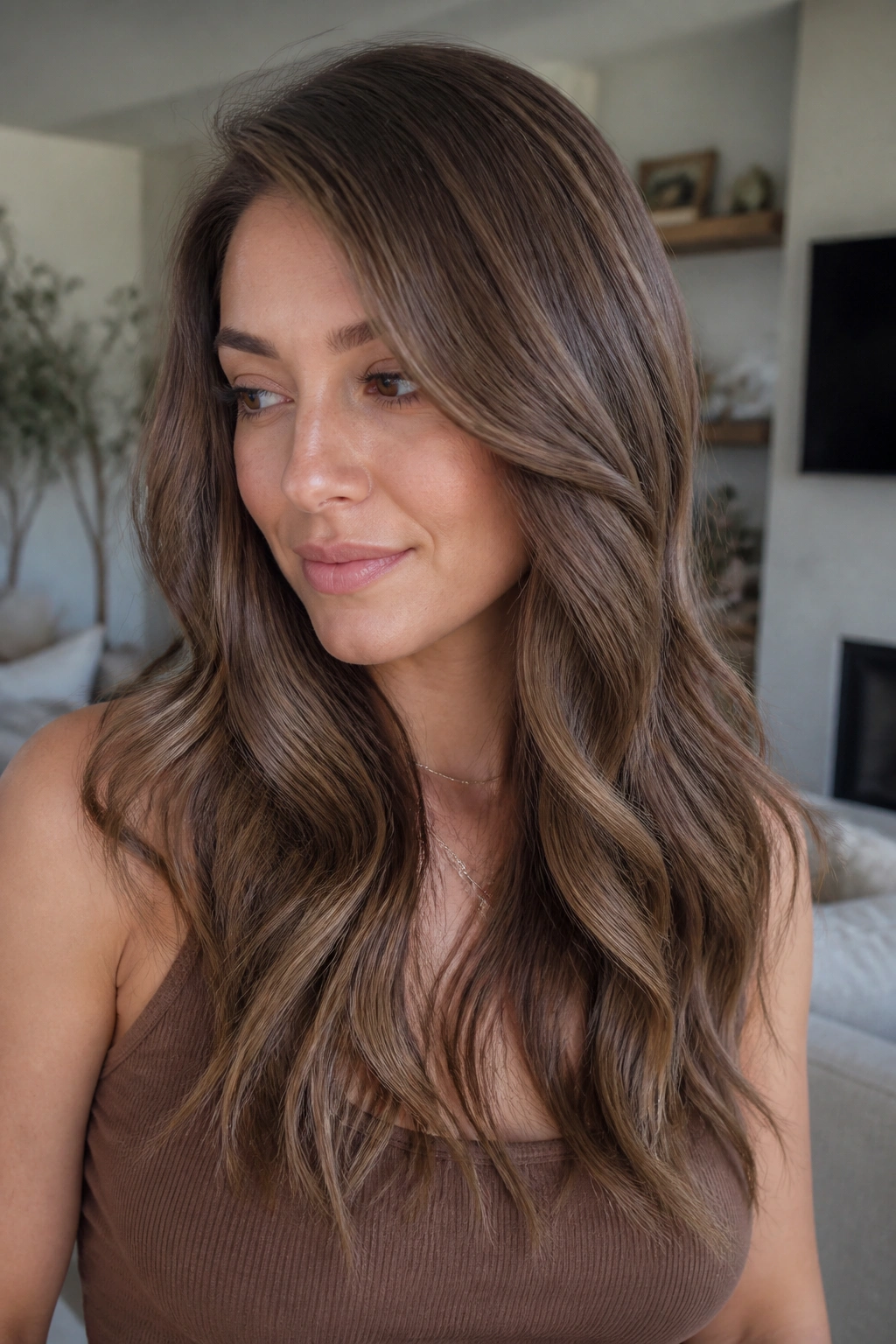 Close-up of brunette hair showing mushroom to cocoa melt with blended tones