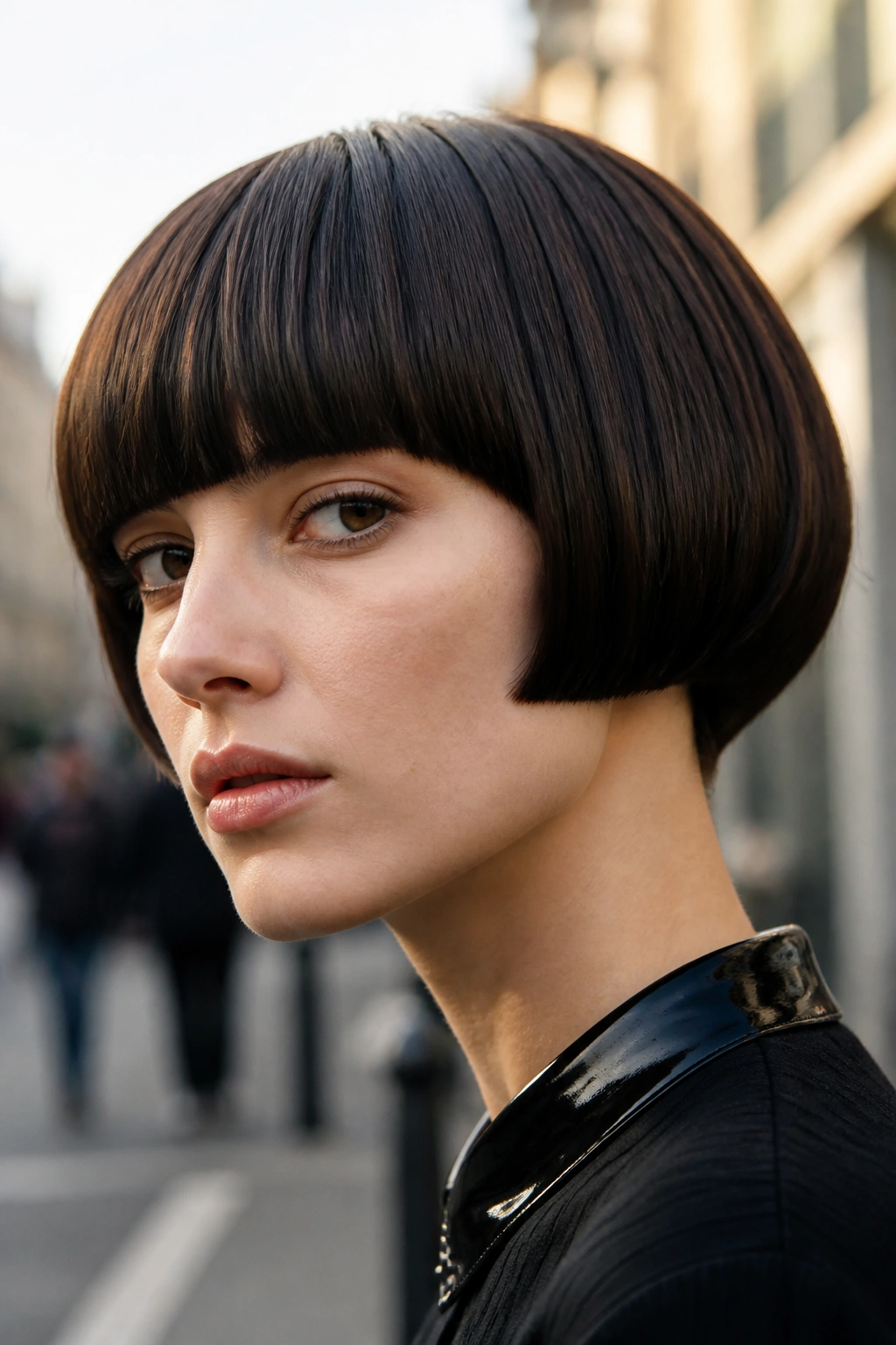 Close-up portrait of a person with a rounded mushroom haircut and clean lines in daylight urban setting
